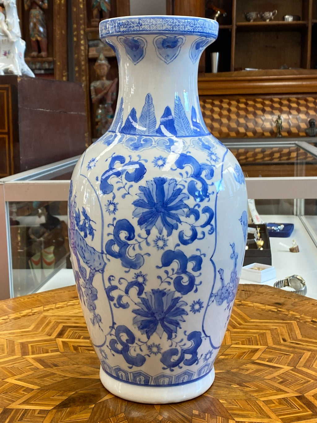 China Porzellan Vase mit Unterglasur Blauem Dekor Vögel 35,5cm