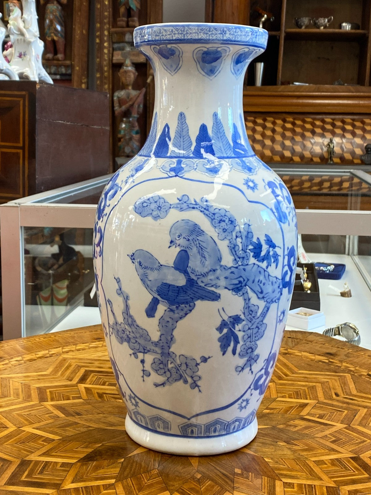 China Porzellan Vase mit Unterglasur Blauem Dekor Vögel 35,5cm
