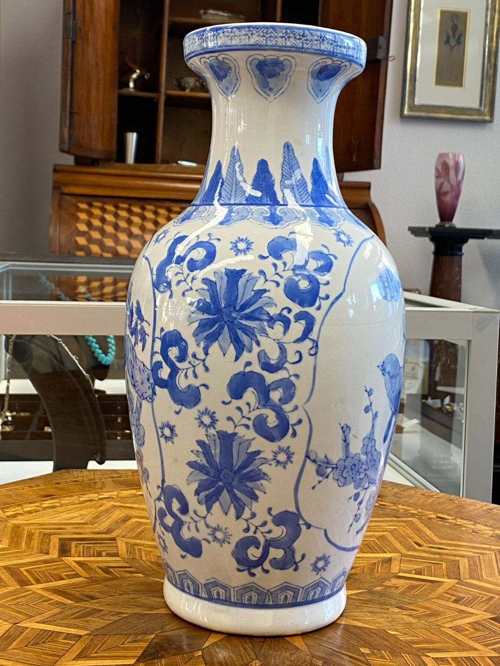 China Porzellan Vase mit Unterglasur Blauem Dekor Vögel 35,5cm