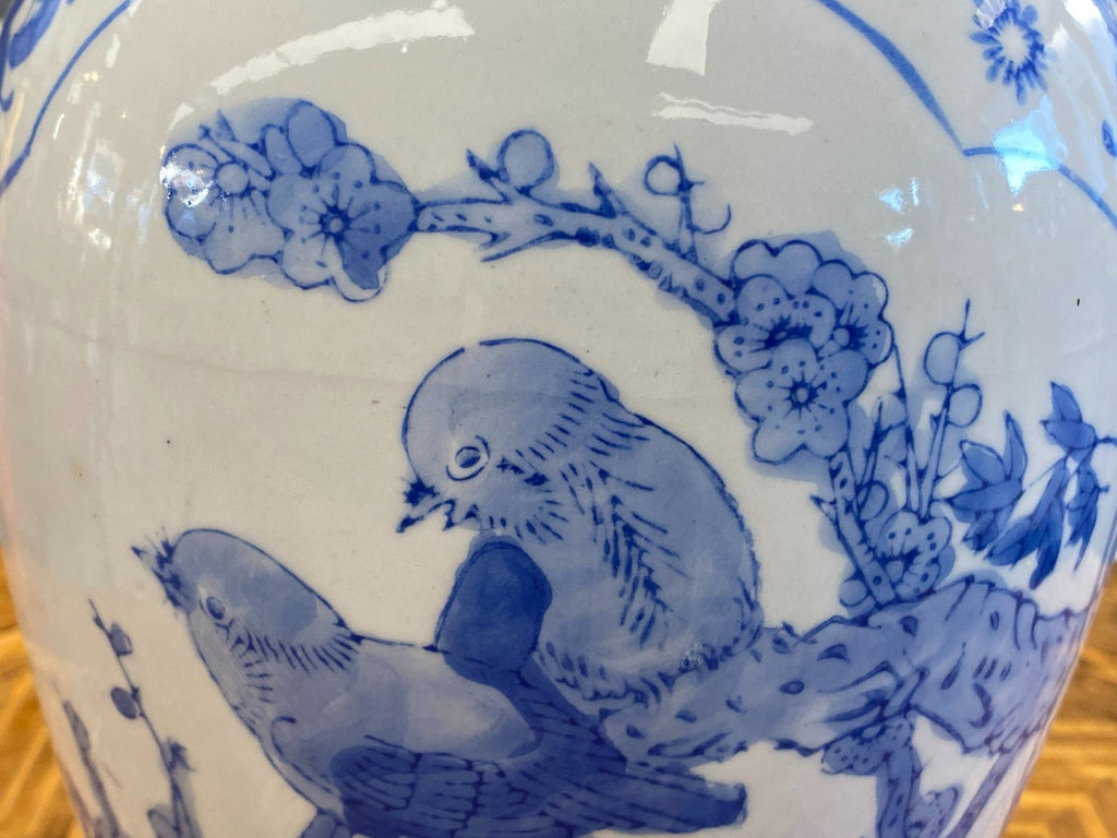China Porzellan Vase mit Unterglasur Blauem Dekor Vögel 35,5cm