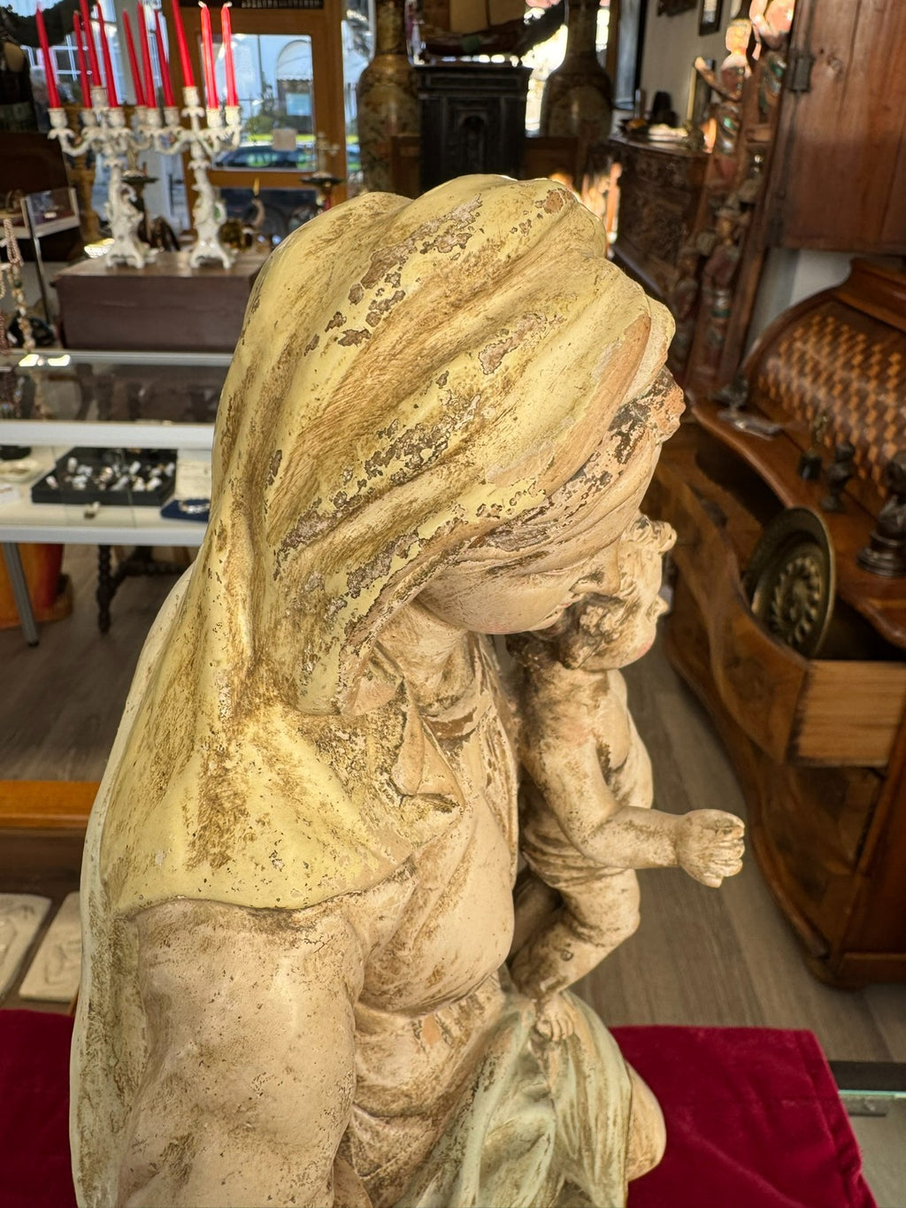 Antike Heiligenfigur Neapel 19 tes Jh Terracotta handbemalt Heilige Maria Jesus