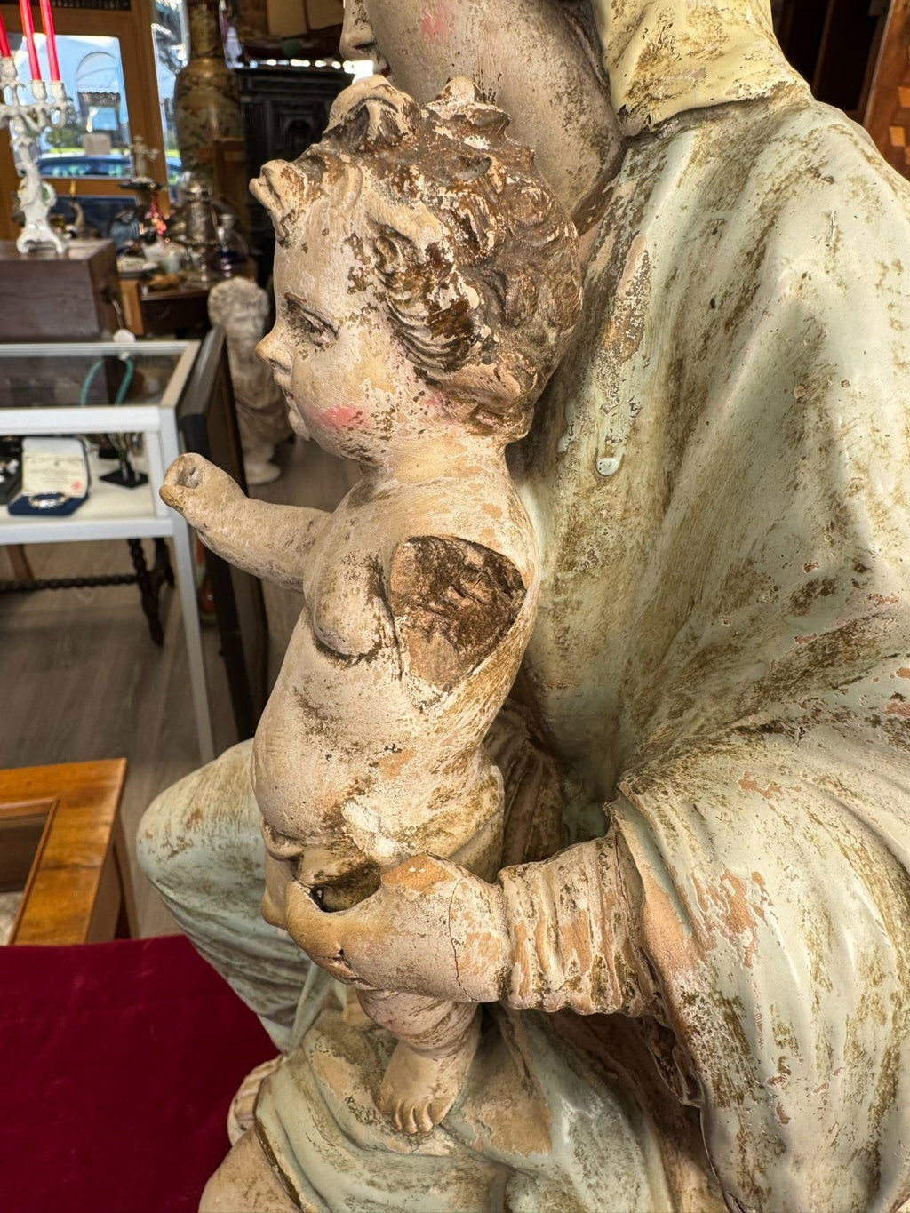 Antike Heiligenfigur Neapel 19 tes Jh Terracotta handbemalt Heilige Maria Jesus