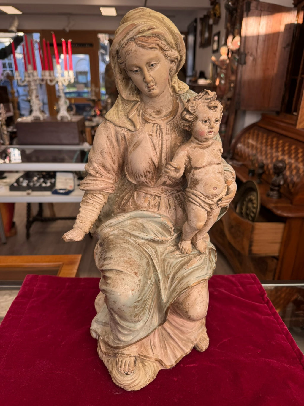 Antike Heiligenfigur Neapel 19 tes Jh Terracotta handbemalt Heilige Maria Jesus