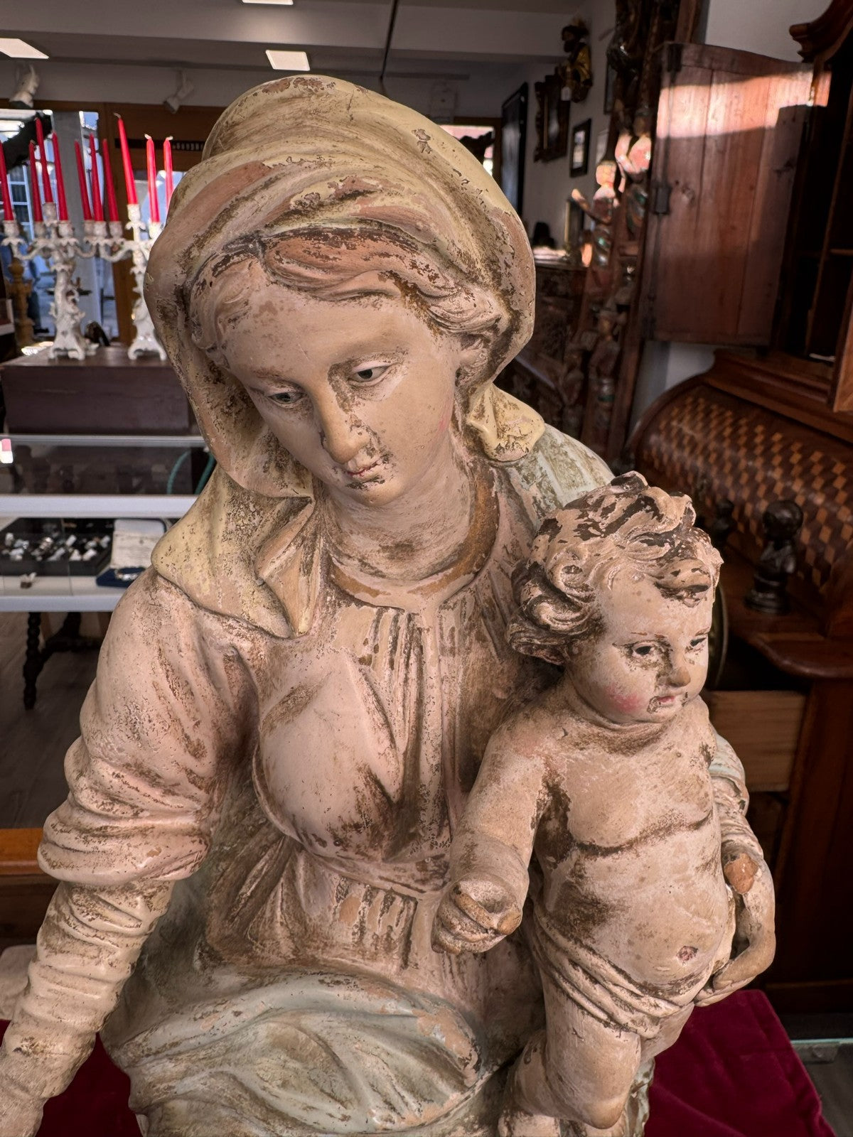 Antike Heiligenfigur Neapel 19 tes Jh Terracotta handbemalt Heilige Maria Jesus