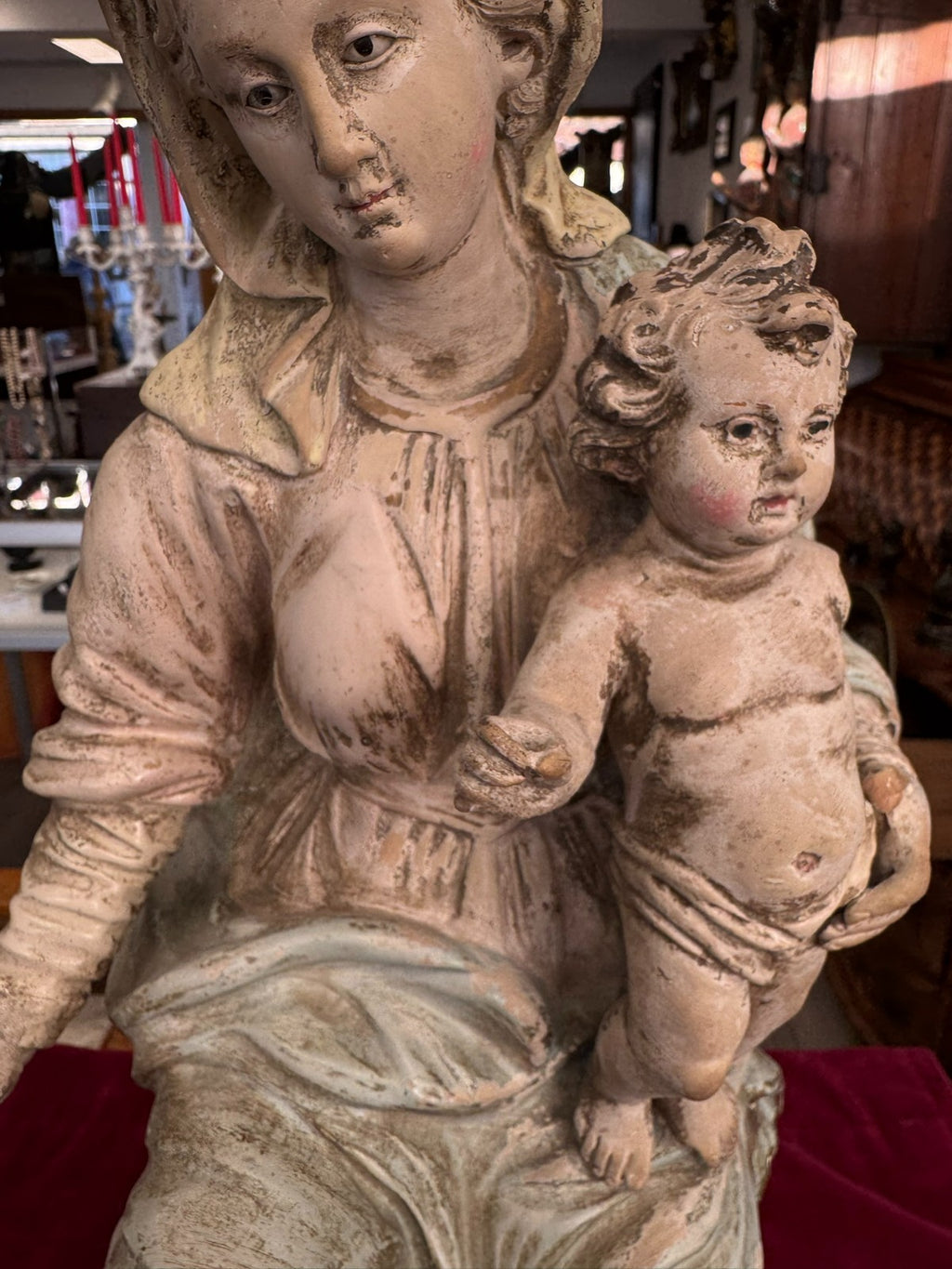 Antike Heiligenfigur Neapel 19 tes Jh Terracotta handbemalt Heilige Maria Jesus