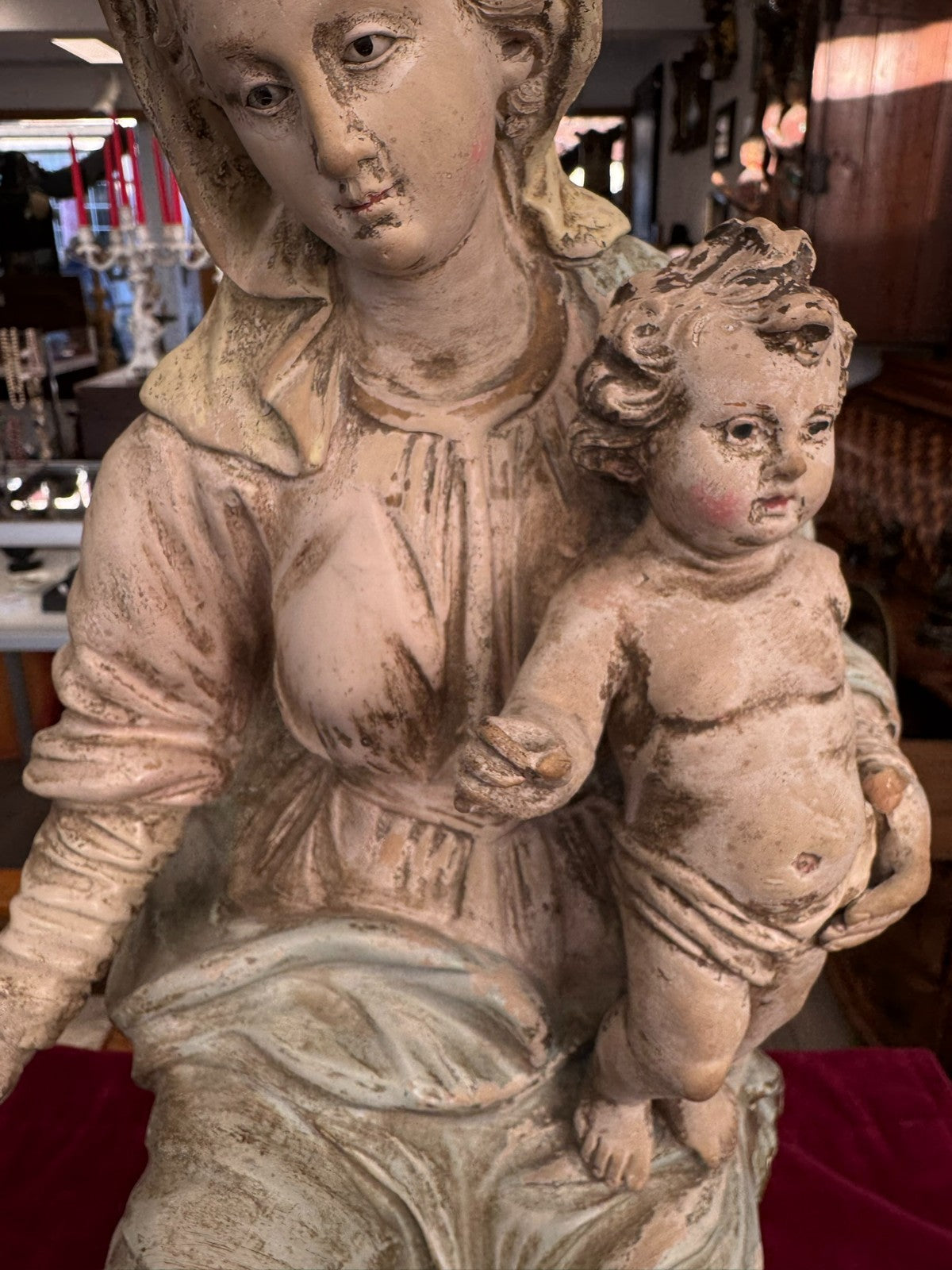 Antike Heiligenfigur Neapel 19 tes Jh Terracotta handbemalt Heilige Maria Jesus