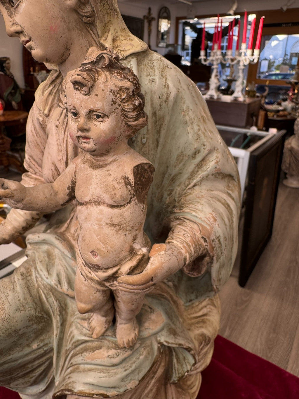 Antike Heiligenfigur Neapel 19 tes Jh Terracotta handbemalt Heilige Maria Jesus