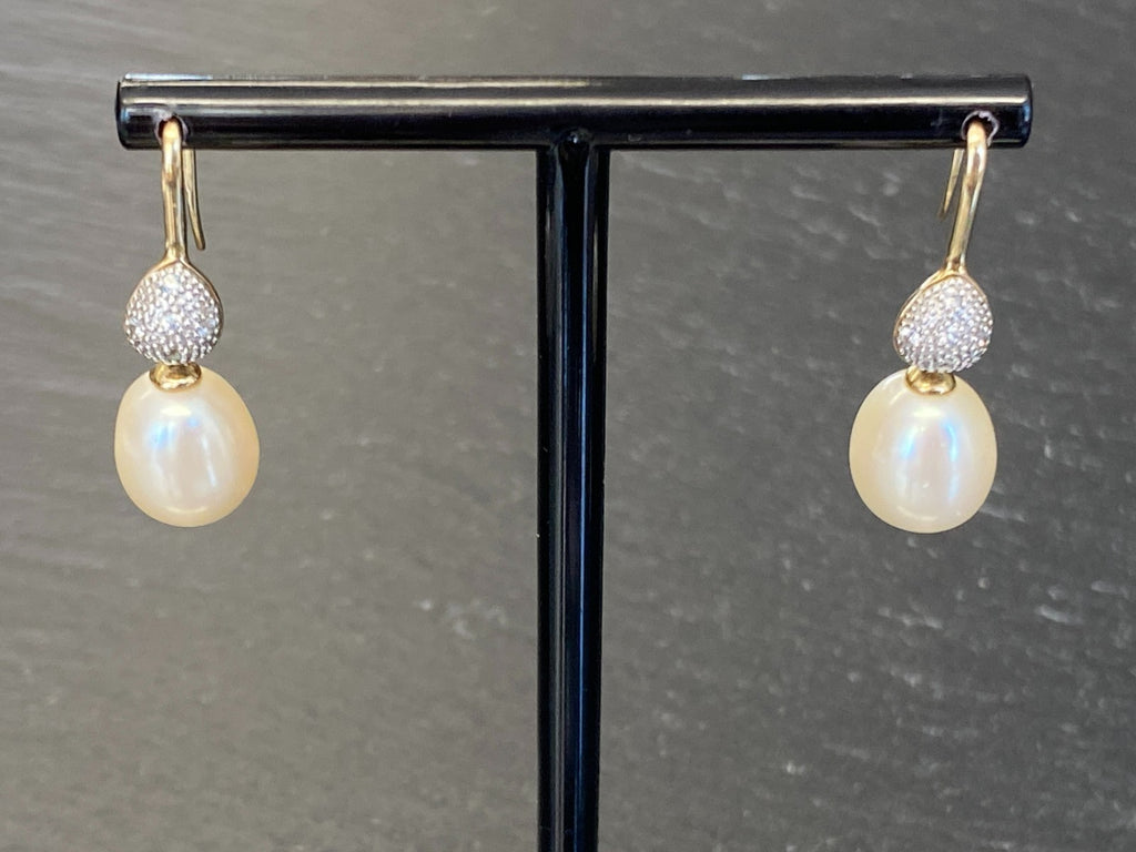 PAAR VINTAGE OHRRINGE PERLENOHRRINGE PERLE 10,4mm GELB GOLD 333