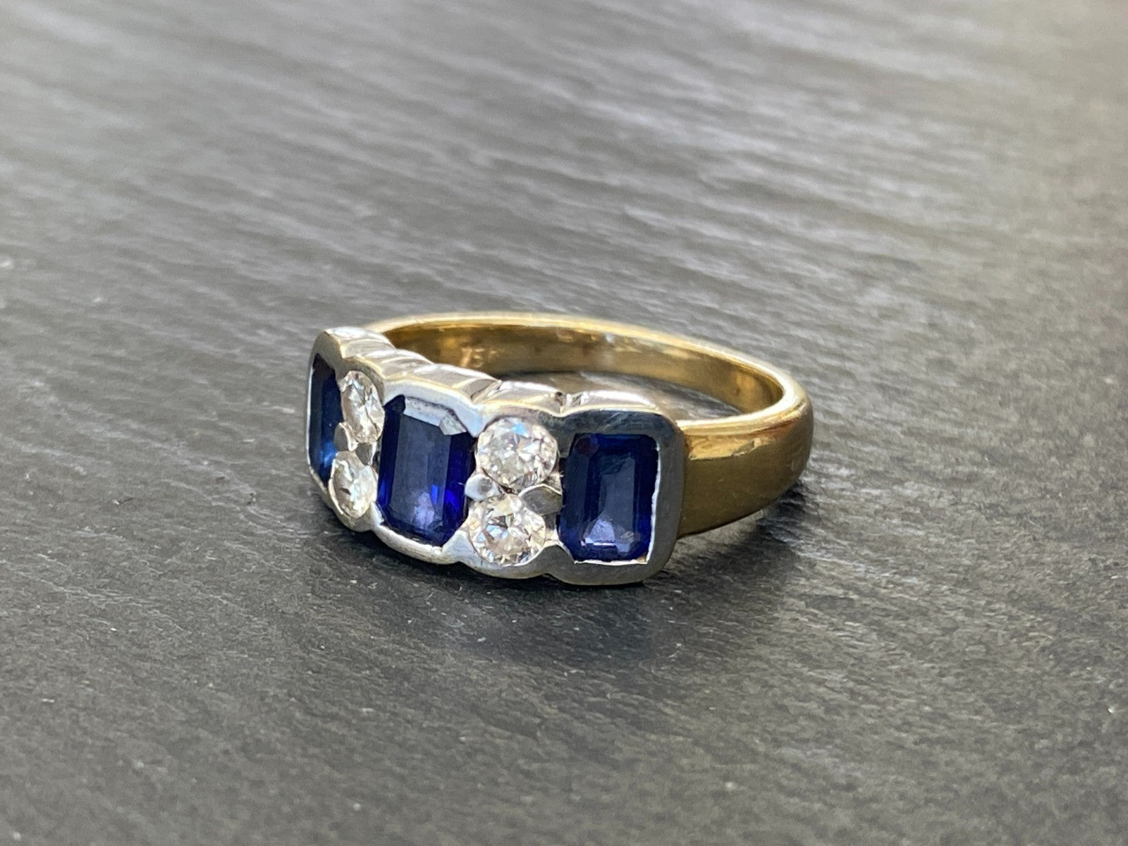 VINTAGE DAMENRING RING GELBGOLD 18K 750 SAPHIRE DIAMANTEN GR 54,5