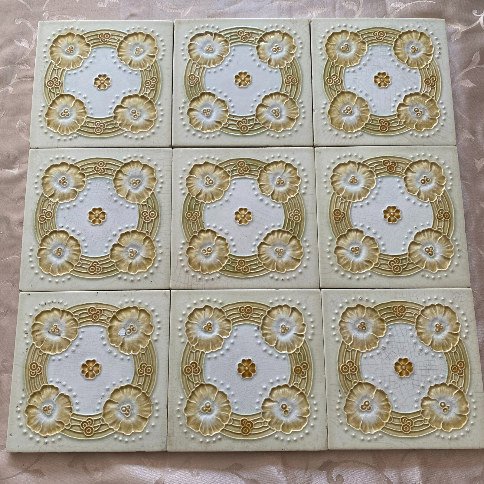ANTIKE JUGENDSTIL FLIESEN 9 STÜCK SET KACHELN UM 1910 15x15cm AUS KERAMIK – Bild 3