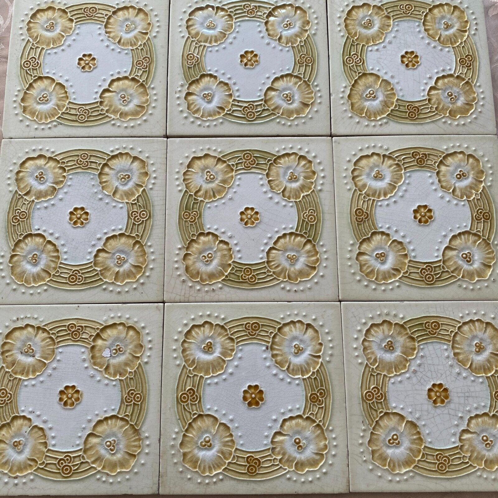 ANTIKE JUGENDSTIL FLIESEN 9 STÜCK SET KACHELN UM 1910 15x15cm AUS KERAMIK