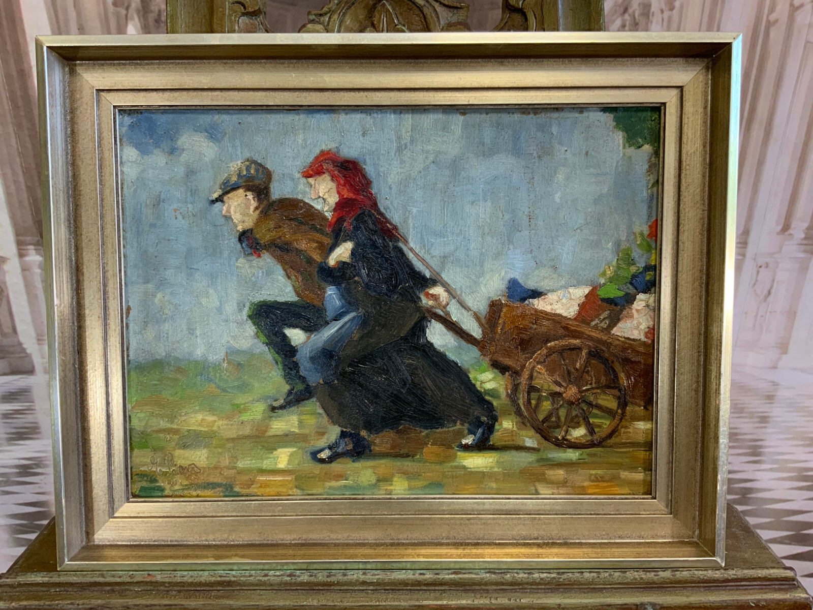ÖLGEMÄLDE PERSONEN MIT KARREN SIGNIERT GERAHMT GESAMT 48x38cm – Bild 3