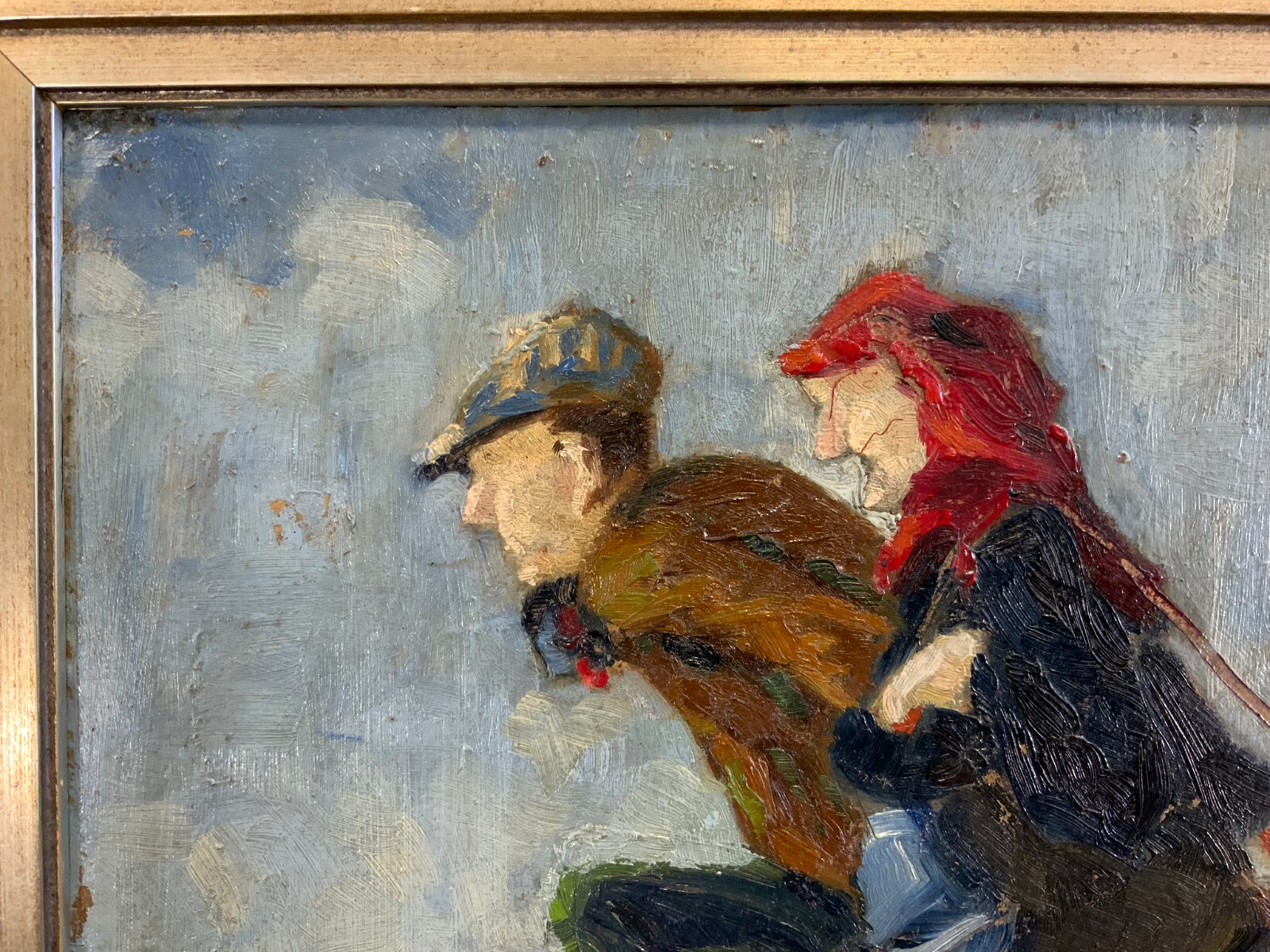 ÖLGEMÄLDE PERSONEN MIT KARREN SIGNIERT GERAHMT GESAMT 48x38cm – Bild 5
