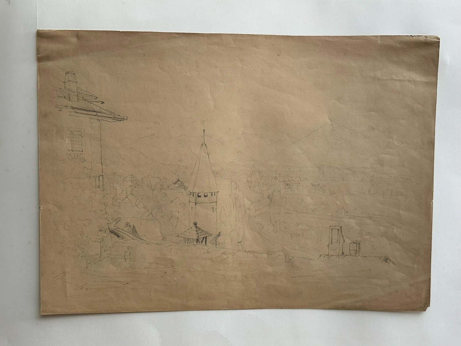 ANTIKE ZEICHNUNG VON 1840 SIGNIERT THUN LANDSCHAFT – Bild 3