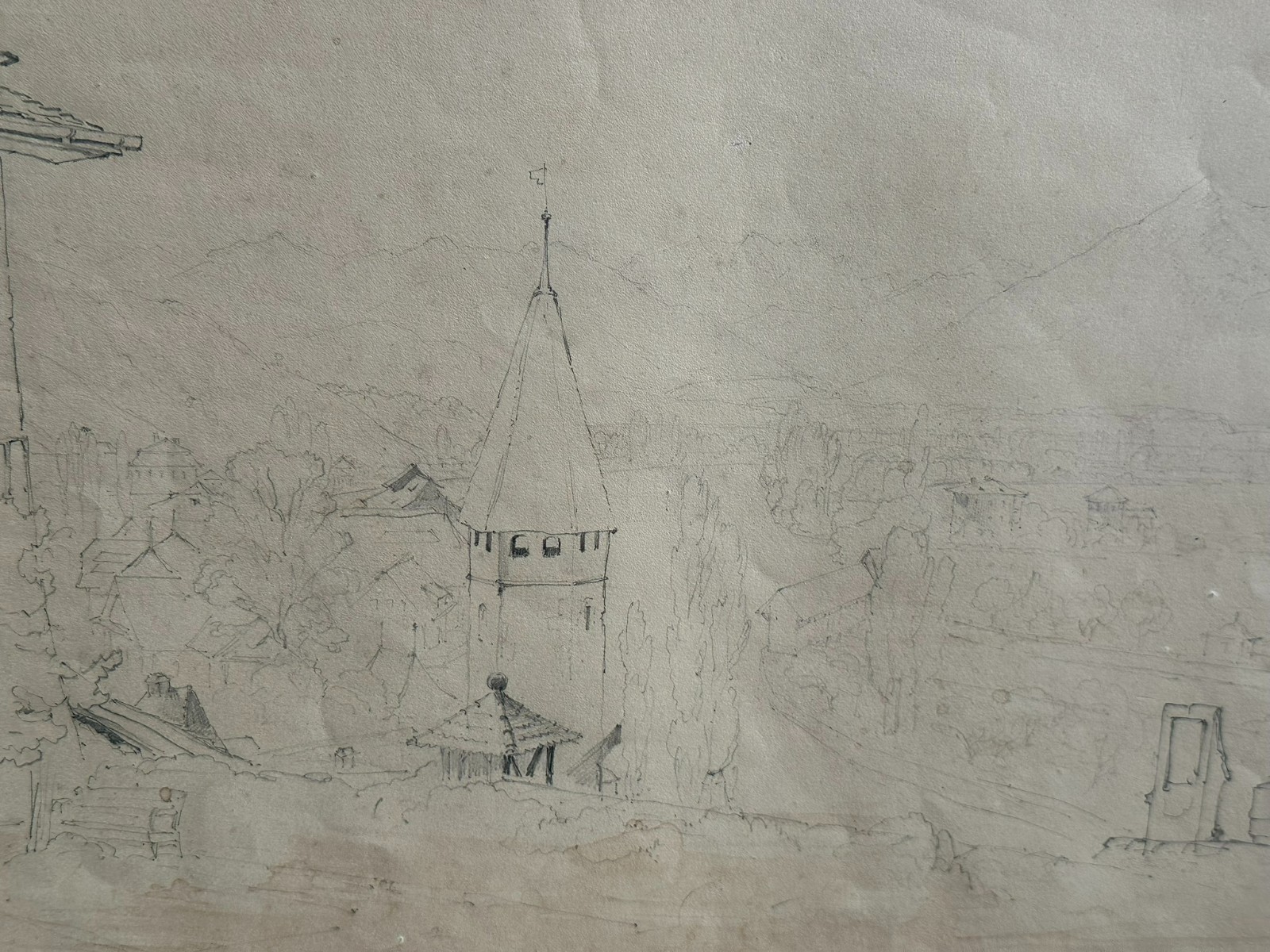 ANTIKE ZEICHNUNG VON 1840 SIGNIERT THUN LANDSCHAFT