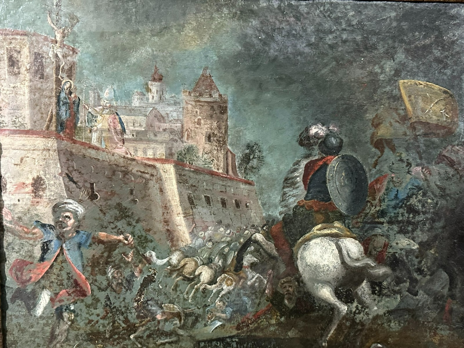 ANTIKES ÖLGEMÄLDE UM 1620 SCHLACHTSZENE OSMANEN SCHMERZHAFTE MUTTER MARIA