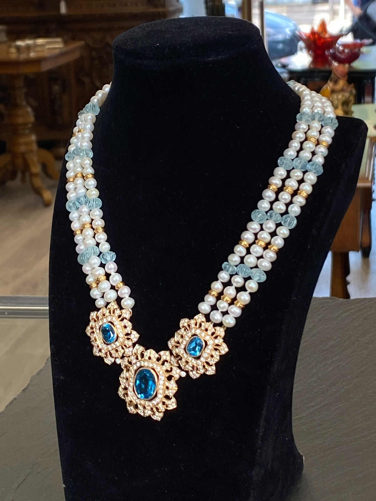 HERAUSRAGENDES COLLIER 18 K GELBGOLD 280 DIAMANTEN 2,67ct TOPAS 9,2ct AQUAMARIN