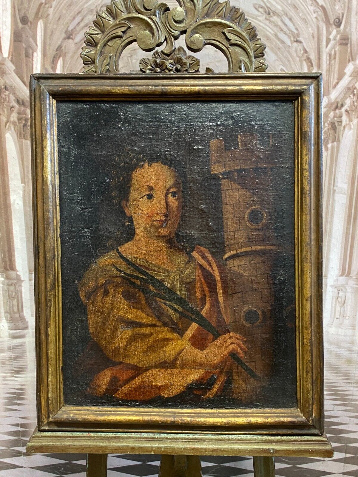 ALTMEISTER 17 TES JHDT ÖLGEMÄLDE HEILIGE BARBARA MIT ZWEIG UND TURM ITALIEN – Bild 3