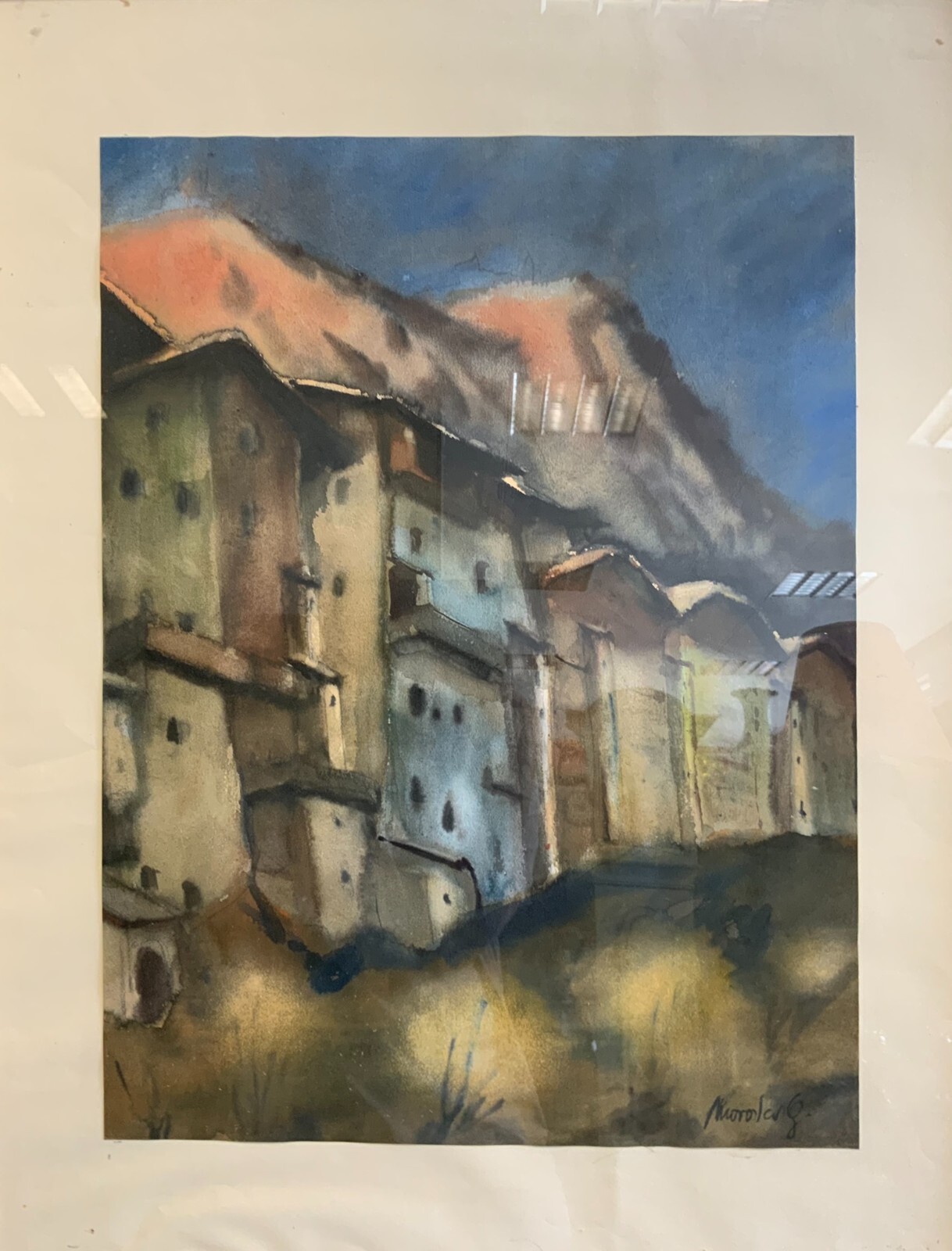 Gottfried MORODER (1921-2016) AQUARELL DORF HÄUSERZEILE VOR GEBIRGE