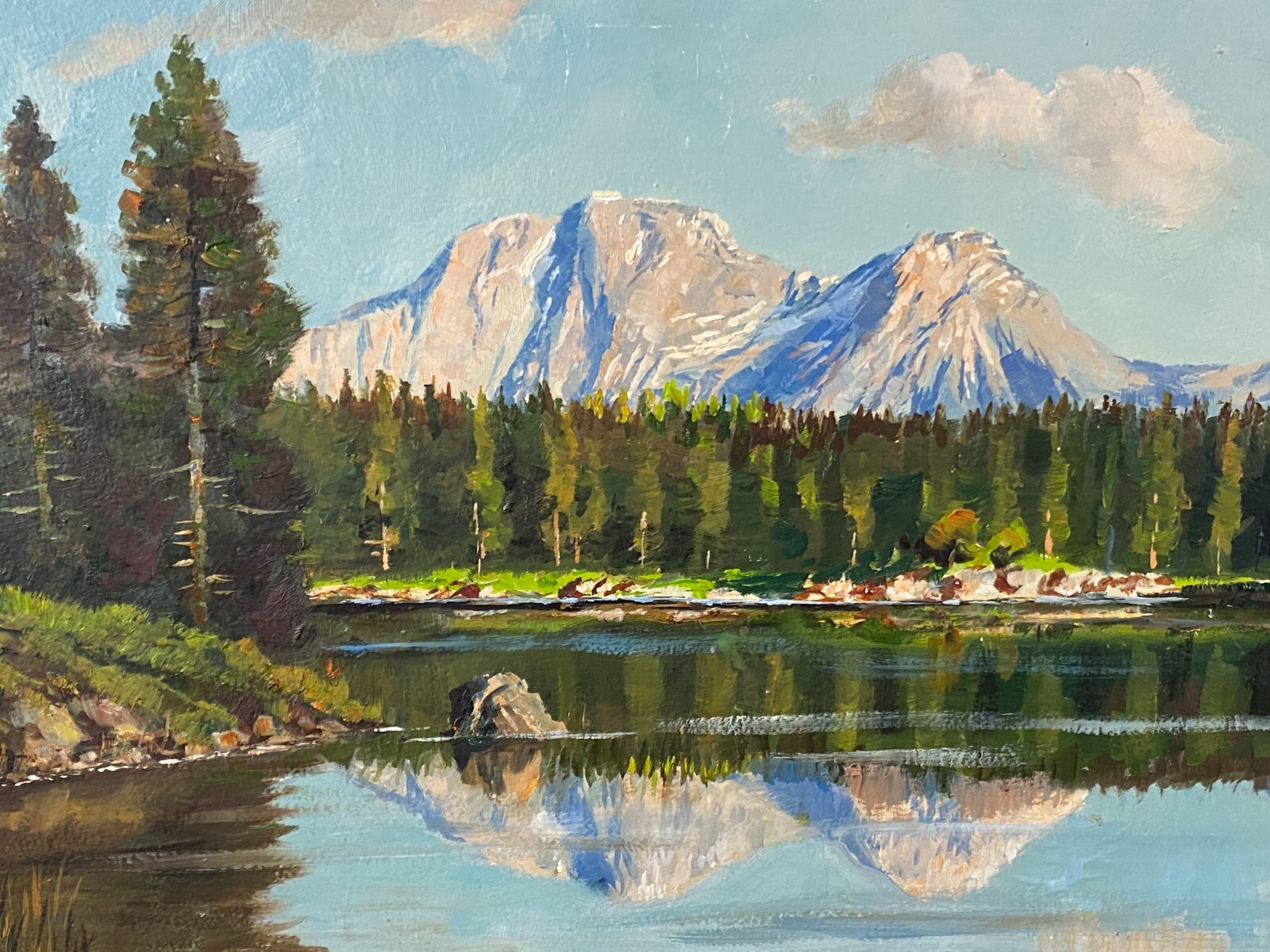 ÖLGEMÄLDE SIGNIERT HÖHNE MÜNCHEN - WEIHER LANDSCHAFT VOR GEBIRGE