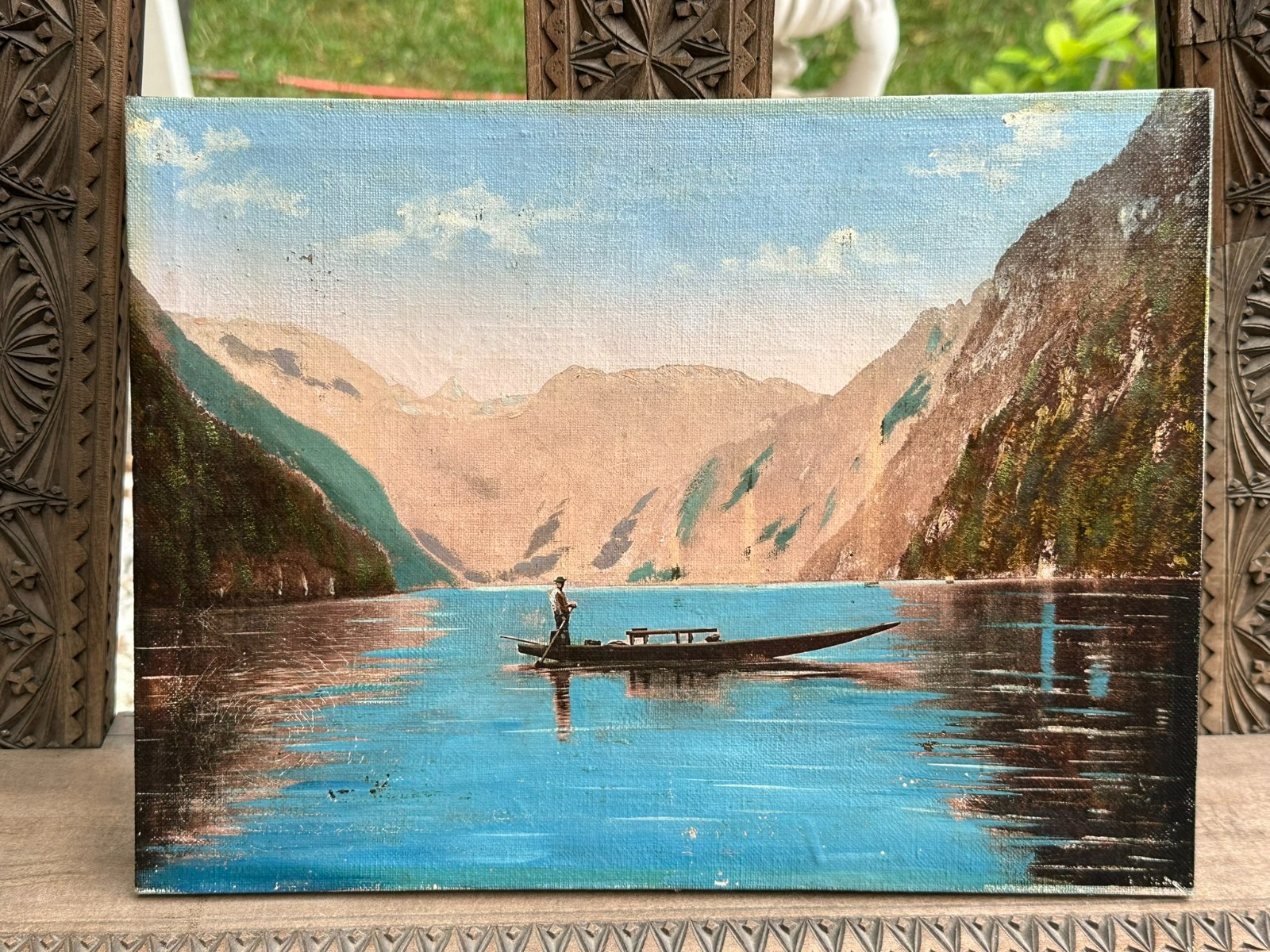 ÖLGEMÄLDE AUF LEINWAND BOOT MIT PERSON AM GEBIRGSSEE LANDSCHAFT – Bild 3