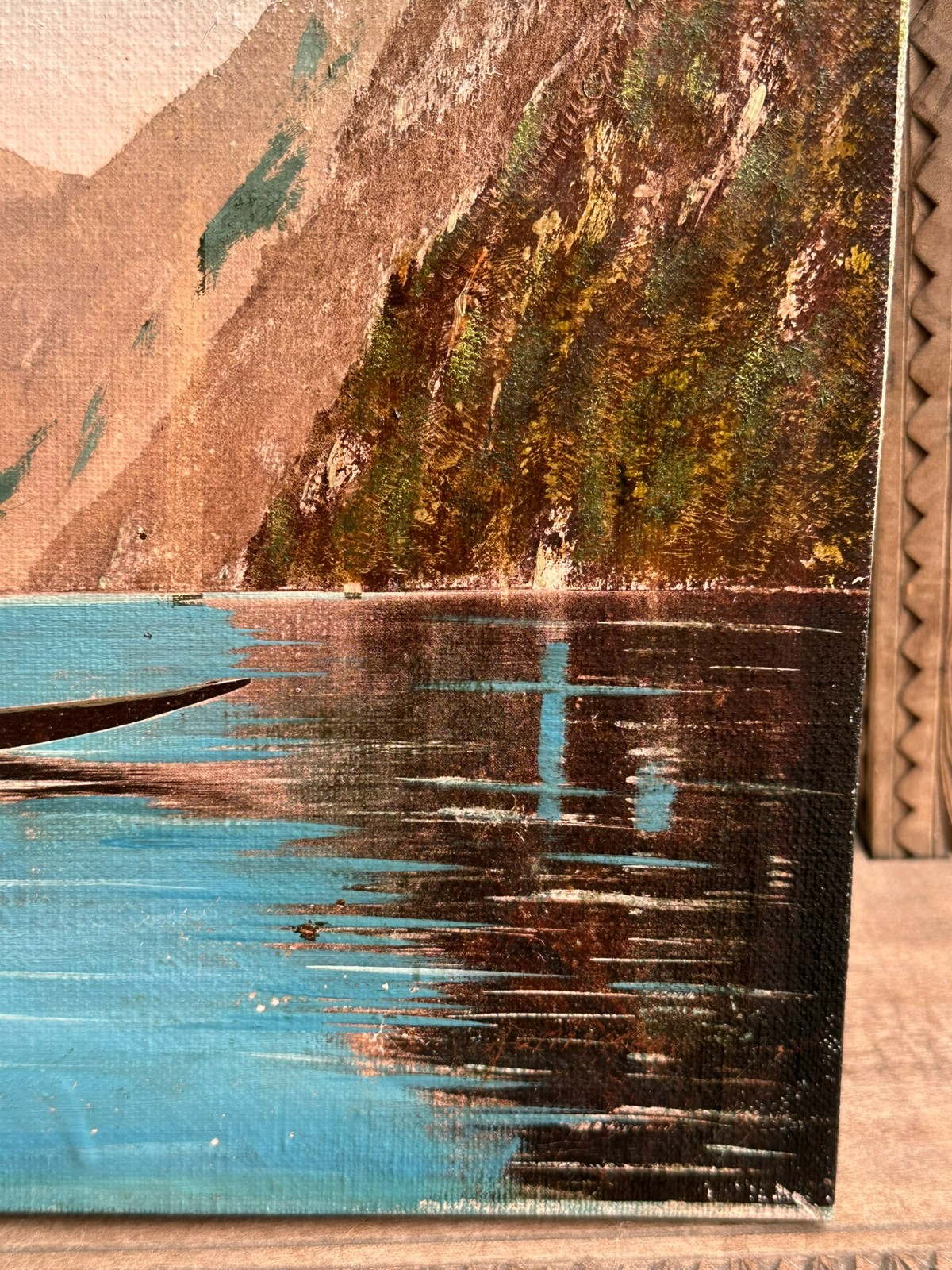 ÖLGEMÄLDE AUF LEINWAND BOOT MIT PERSON AM GEBIRGSSEE LANDSCHAFT – Bild 6