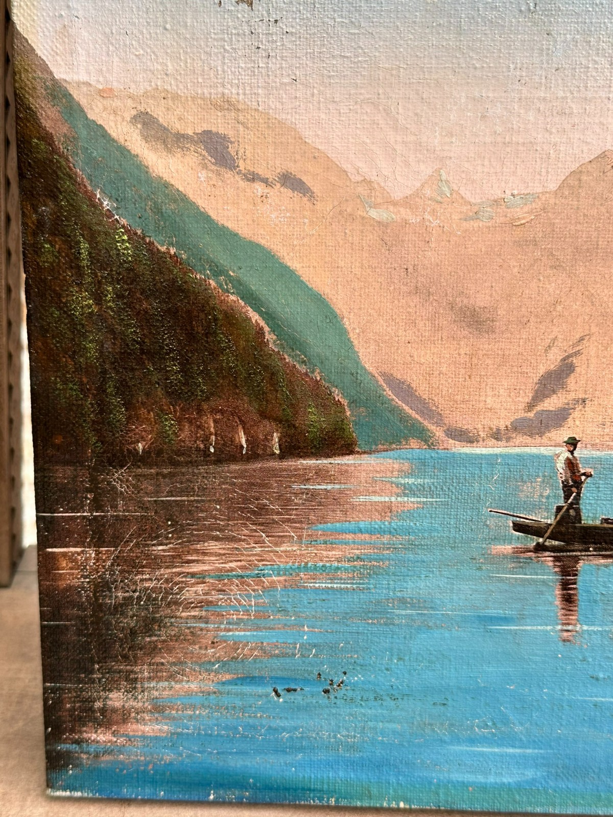 ÖLGEMÄLDE AUF LEINWAND BOOT MIT PERSON AM GEBIRGSSEE LANDSCHAFT – Bild 7