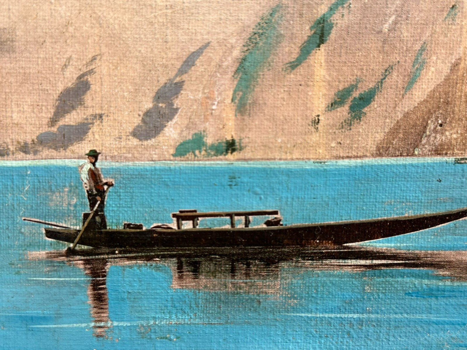 ÖLGEMÄLDE AUF LEINWAND BOOT MIT PERSON AM GEBIRGSSEE LANDSCHAFT – Bild 8