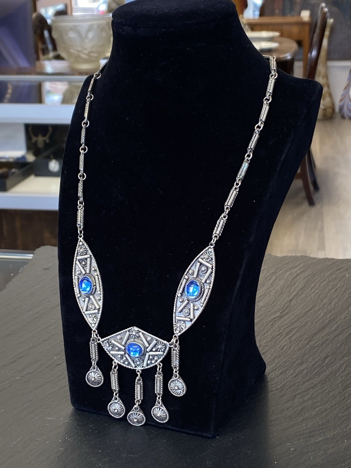 VINTAGE KETTE HALSKETTE IN ART DECO STIL MIT GLAS CABOCHONS