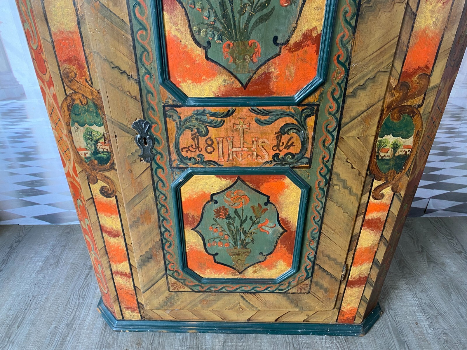 ANTIKER BAUERNSCHRANK HOLZ MASSIV HANDBEMALT 19 TES JHDT NUR 166cm HOCH – Bild 11
