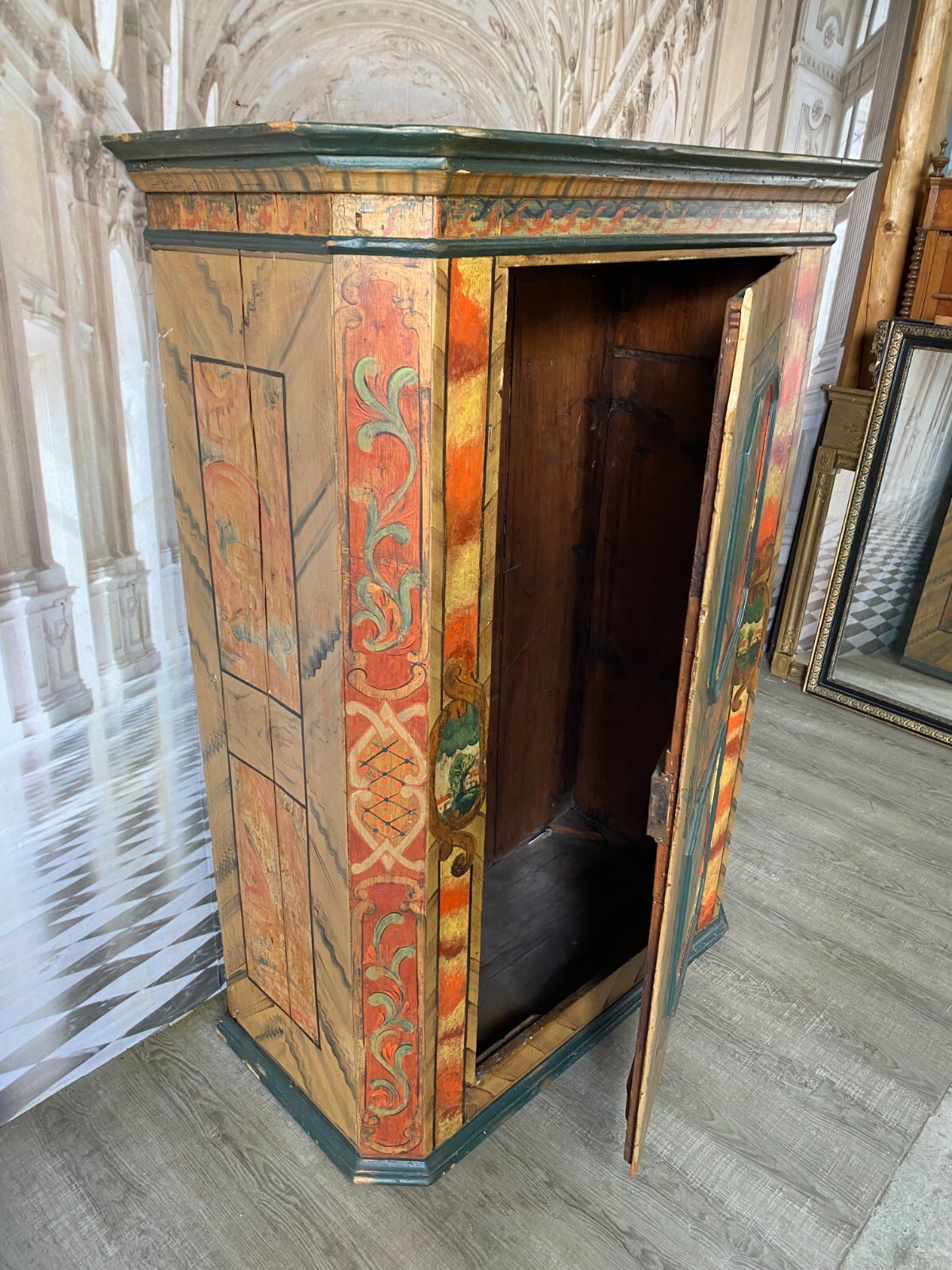 ANTIKER BAUERNSCHRANK HOLZ MASSIV HANDBEMALT 19 TES JHDT NUR 166cm HOCH – Bild 17