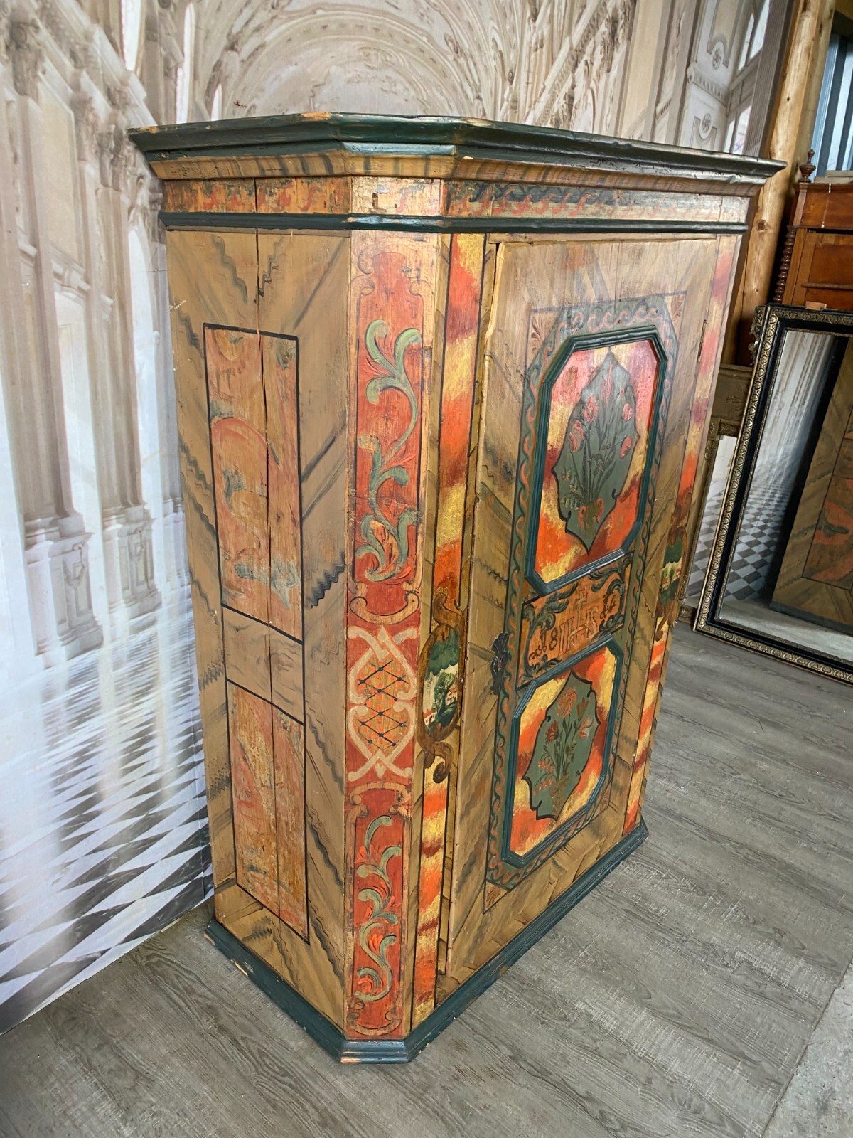 ANTIKER BAUERNSCHRANK HOLZ MASSIV HANDBEMALT 19 TES JHDT NUR 166cm HOCH – Bild 3