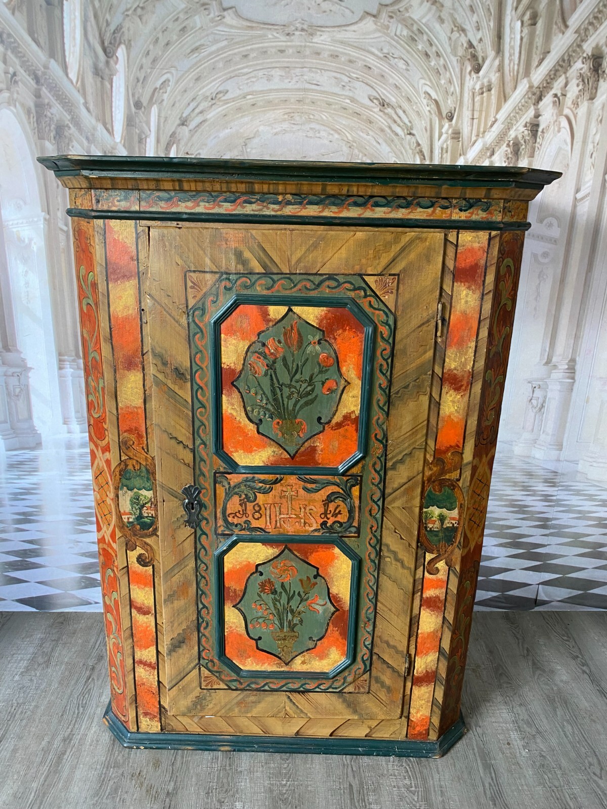 ANTIKER BAUERNSCHRANK HOLZ MASSIV HANDBEMALT 19 TES JHDT NUR 166cm HOCH