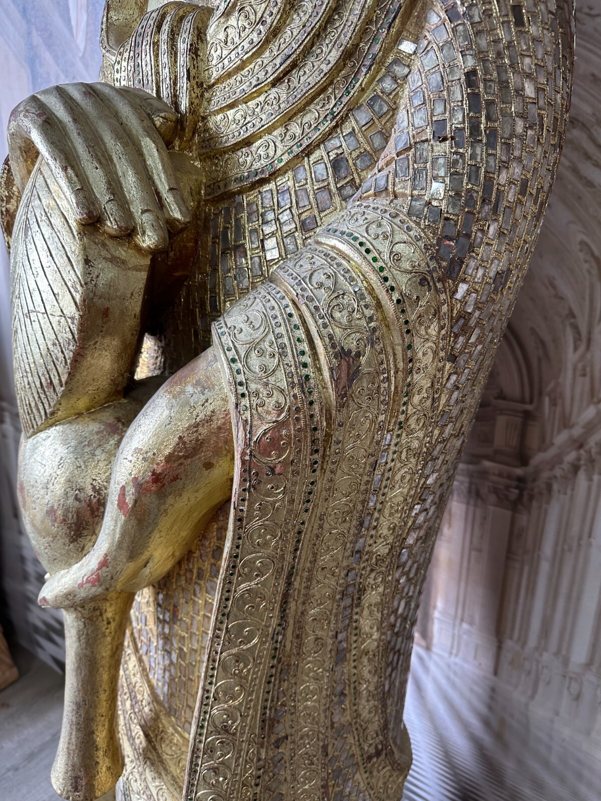 CHINA SEHR GROSSER ANTIKER BUDDHA 256cm HOLZ UM 1920/40 VERGOLDUNG GLASSCHMUCK – Bild 15