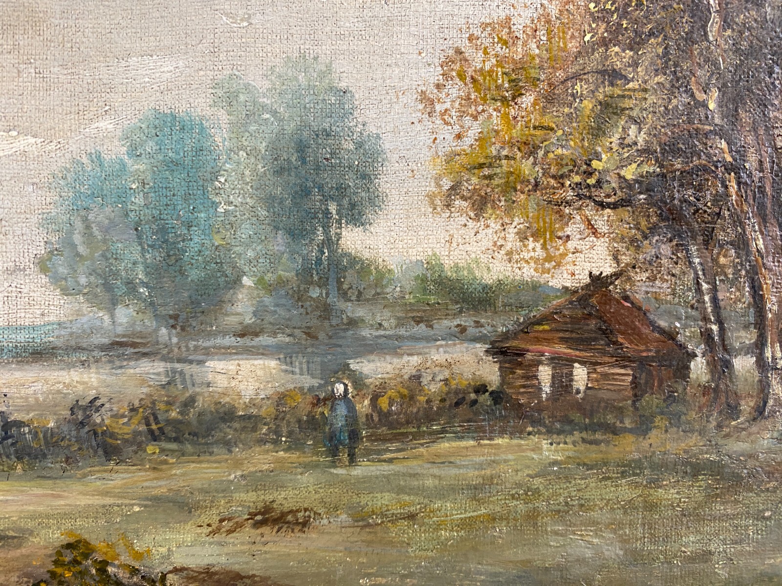 ANTIKES ÖLGEMÄLDE PERSON VOR WEIHER LANDSCHAFT UNSIGNIERT – Bild 4