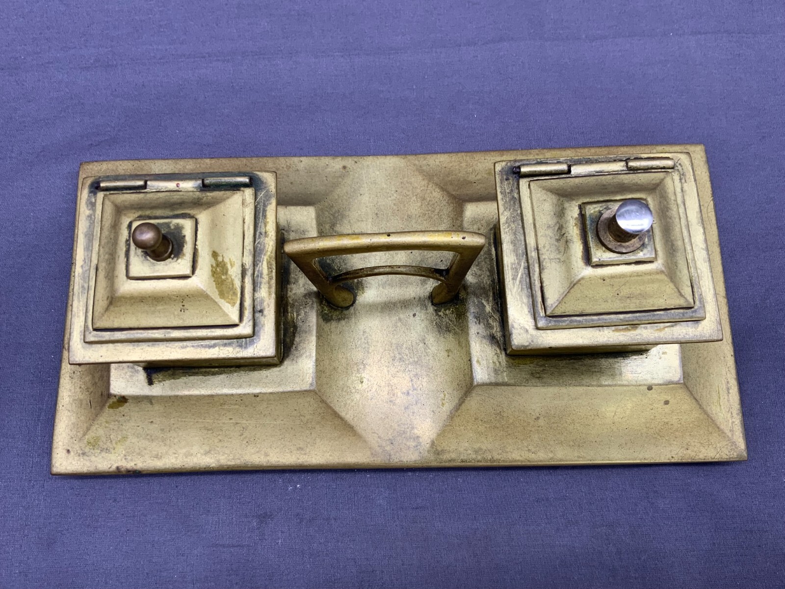 ANTIKE SCHREIBTISCHGARNITUR UM 1910 JUGENDSTIL MESSING MASSIV – Bild 3