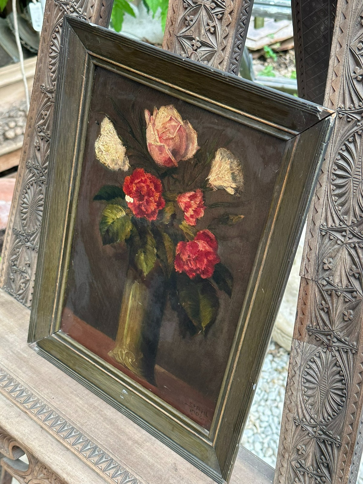 ANTIKES ÖLGEMÖLDE VON 1902 BLUMEN STILLLEBEN SIGNIERT STAHL – Bild 10