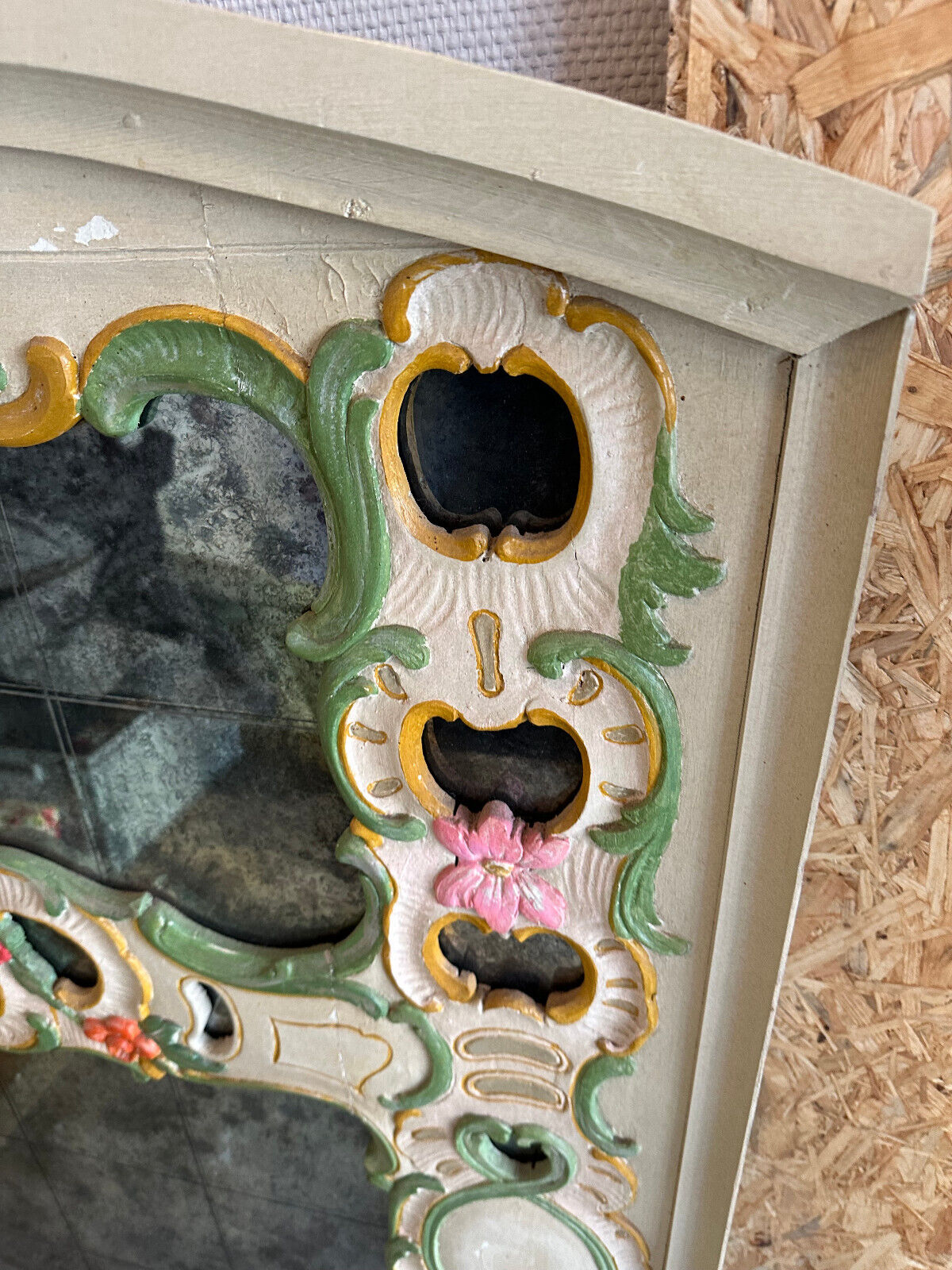 GROSSER VINTAGE LANDHAUS WANDSPIEGEL SPIEGEL HOLZ HANDBEMALT – Bild 3