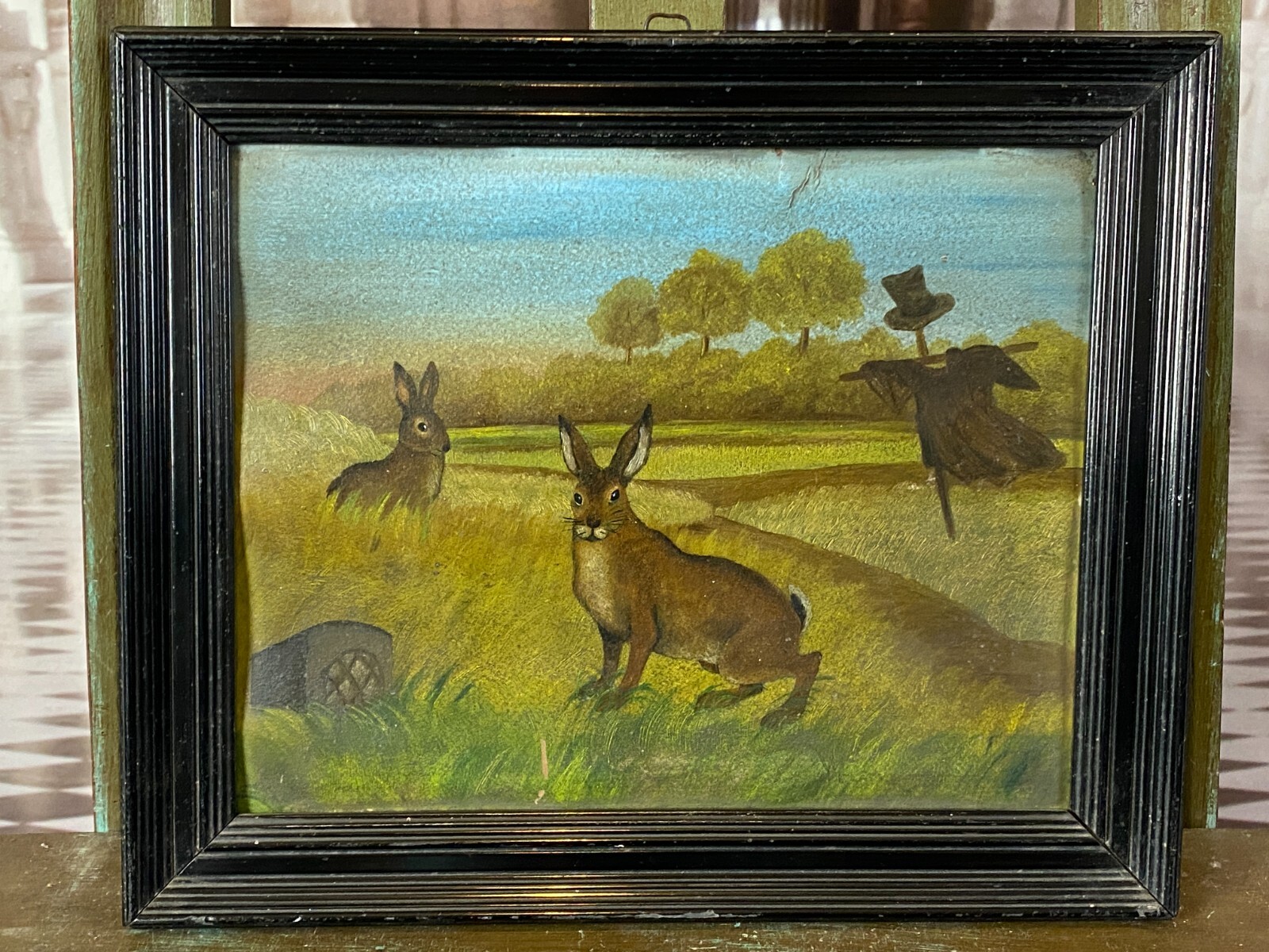 ANTIKES ÖLGEMÄLDE UNSIGNIERT HASEN AUF DEM FELD