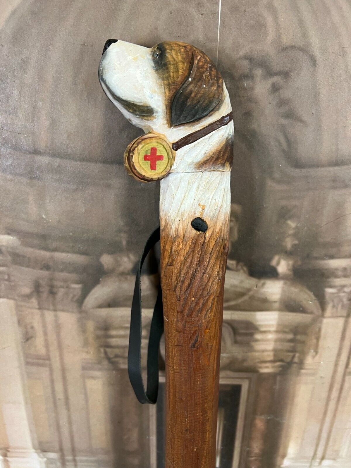 Sehr großer handgeschnitzter Spazierstock mit Bernhardiner Kopf 159cm