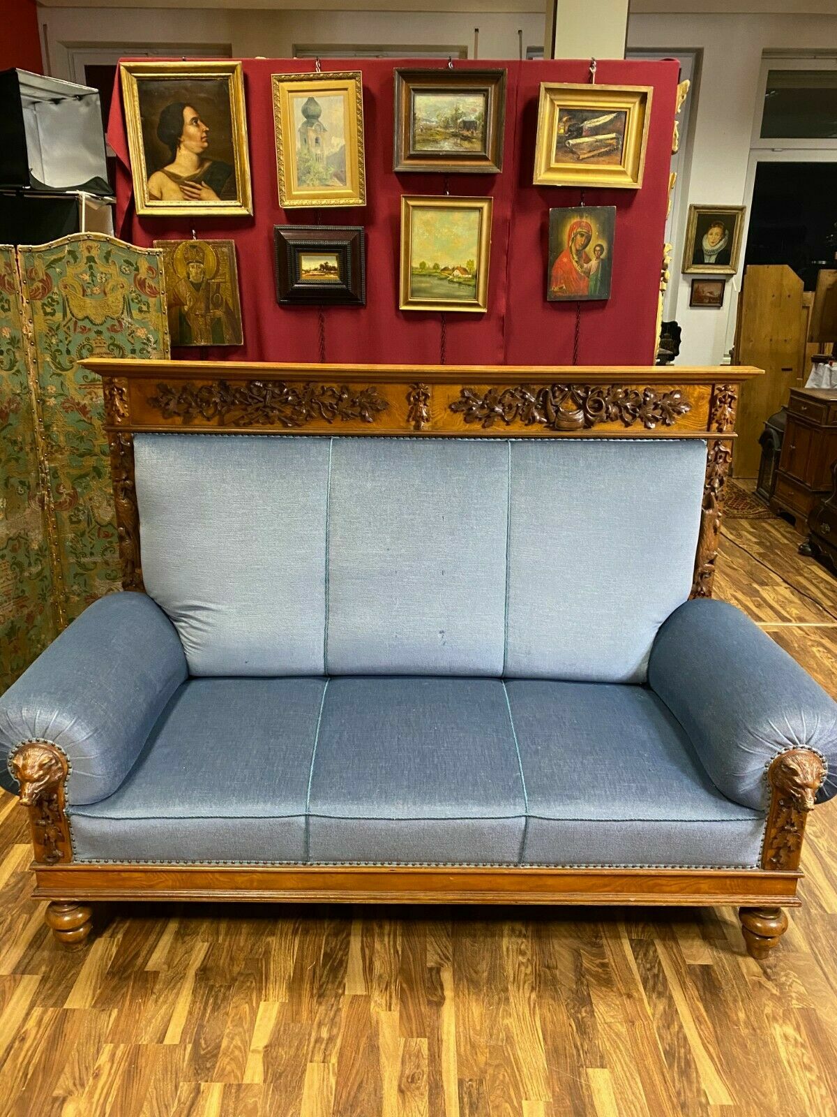 PRUNK SOFA JAGD MOTIVE UM 1860 MASSIVE SCHNITZEREIEN JAGDZIMMER ANTIK STABIL – Bild 3