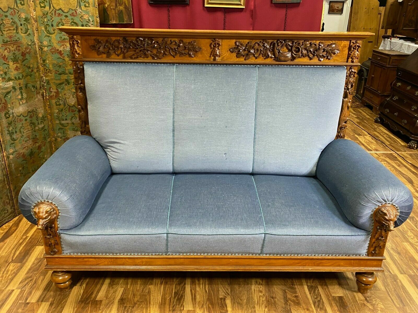 PRUNK SOFA JAGD MOTIVE UM 1860 MASSIVE SCHNITZEREIEN JAGDZIMMER ANTIK STABIL