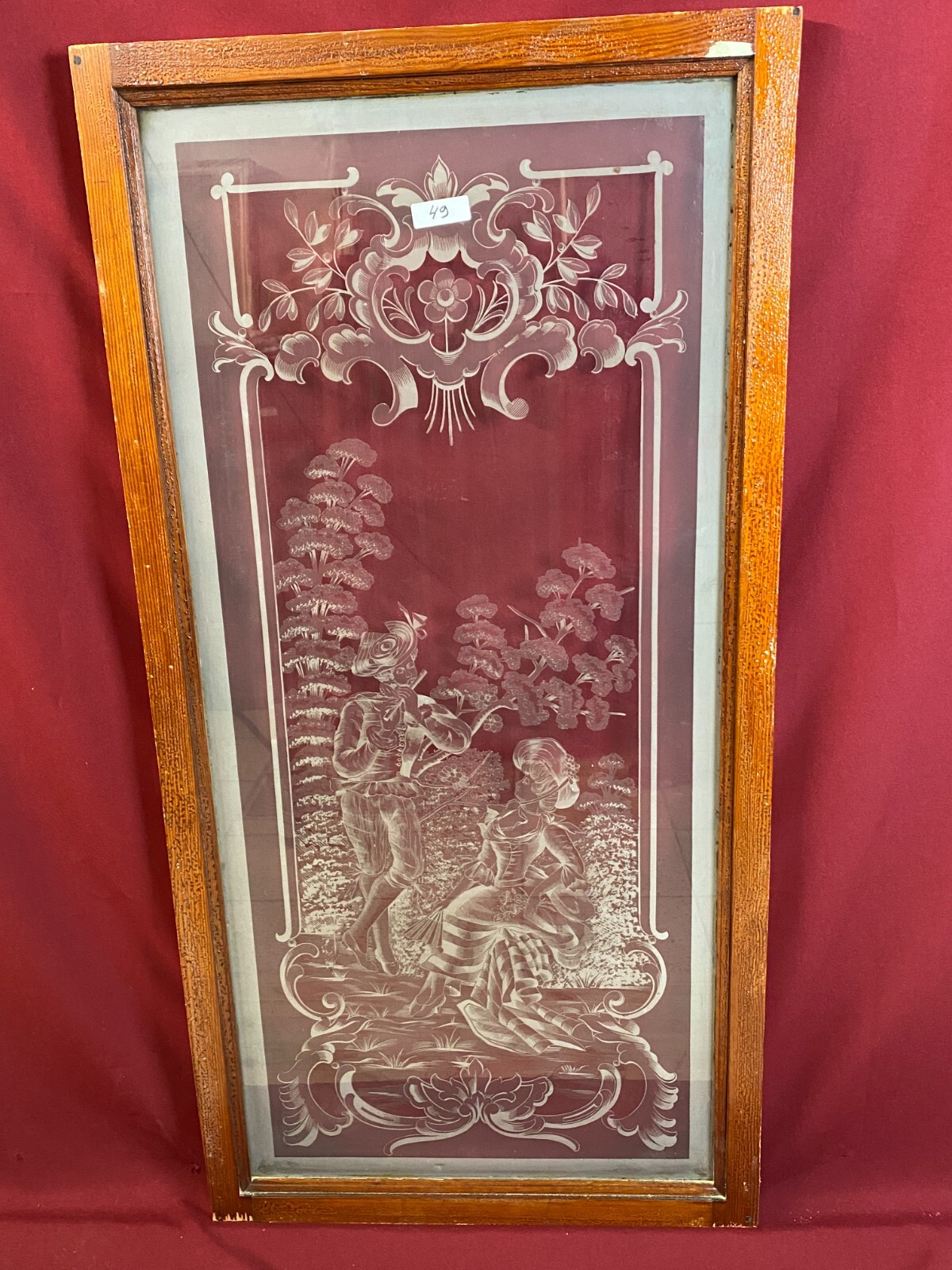 ANTIKE GLASSCHEIBE HISTORISMUS / JUGENDSTIL UM 1890 GALANTE PERSONEN 51x111cm