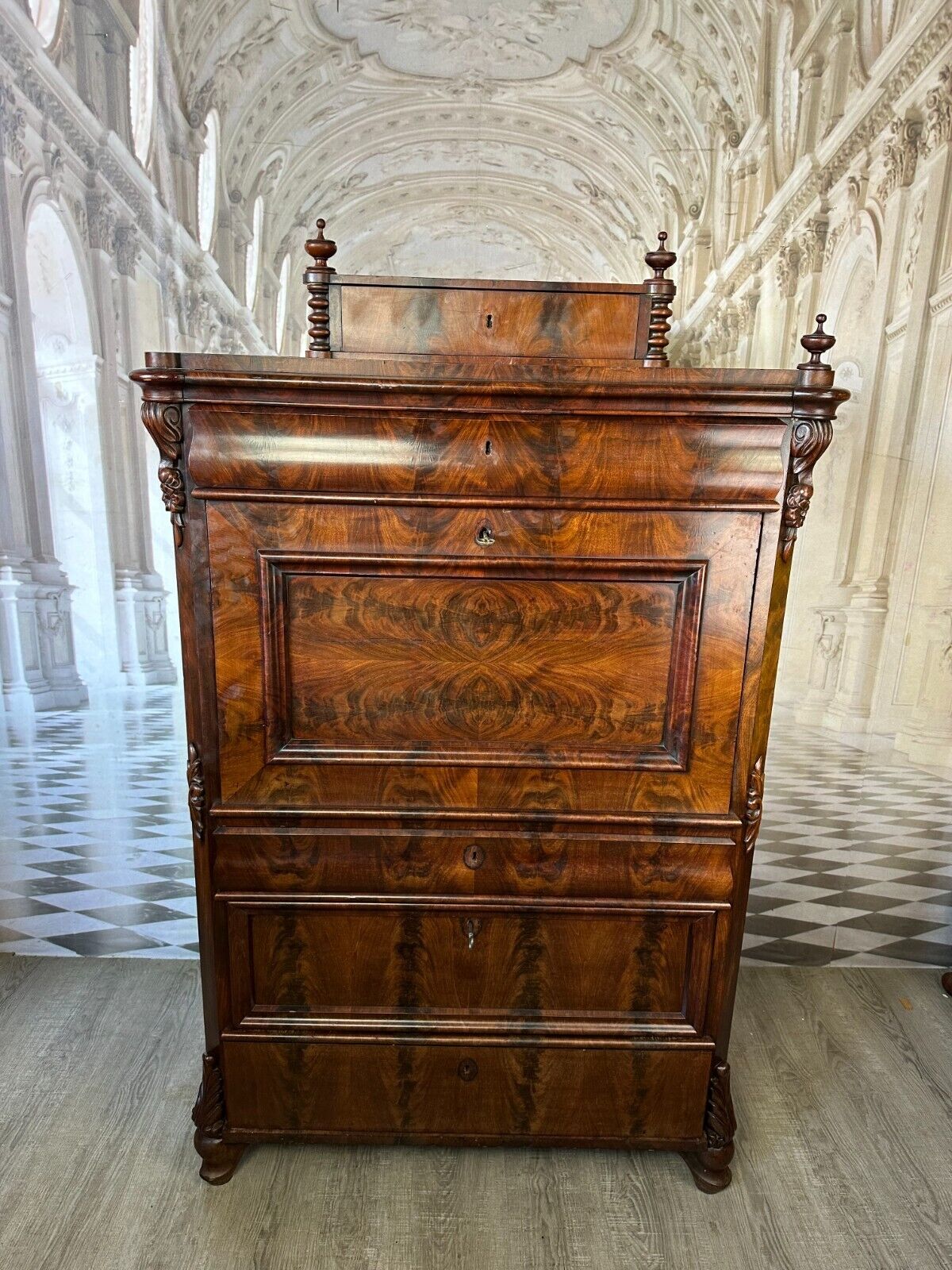ANTIKER LOUIS PHILIPPE SEKRETÄR UM 1860 SPÄT BIEDERMEIER MAHAGONI TOLLES FURNIER