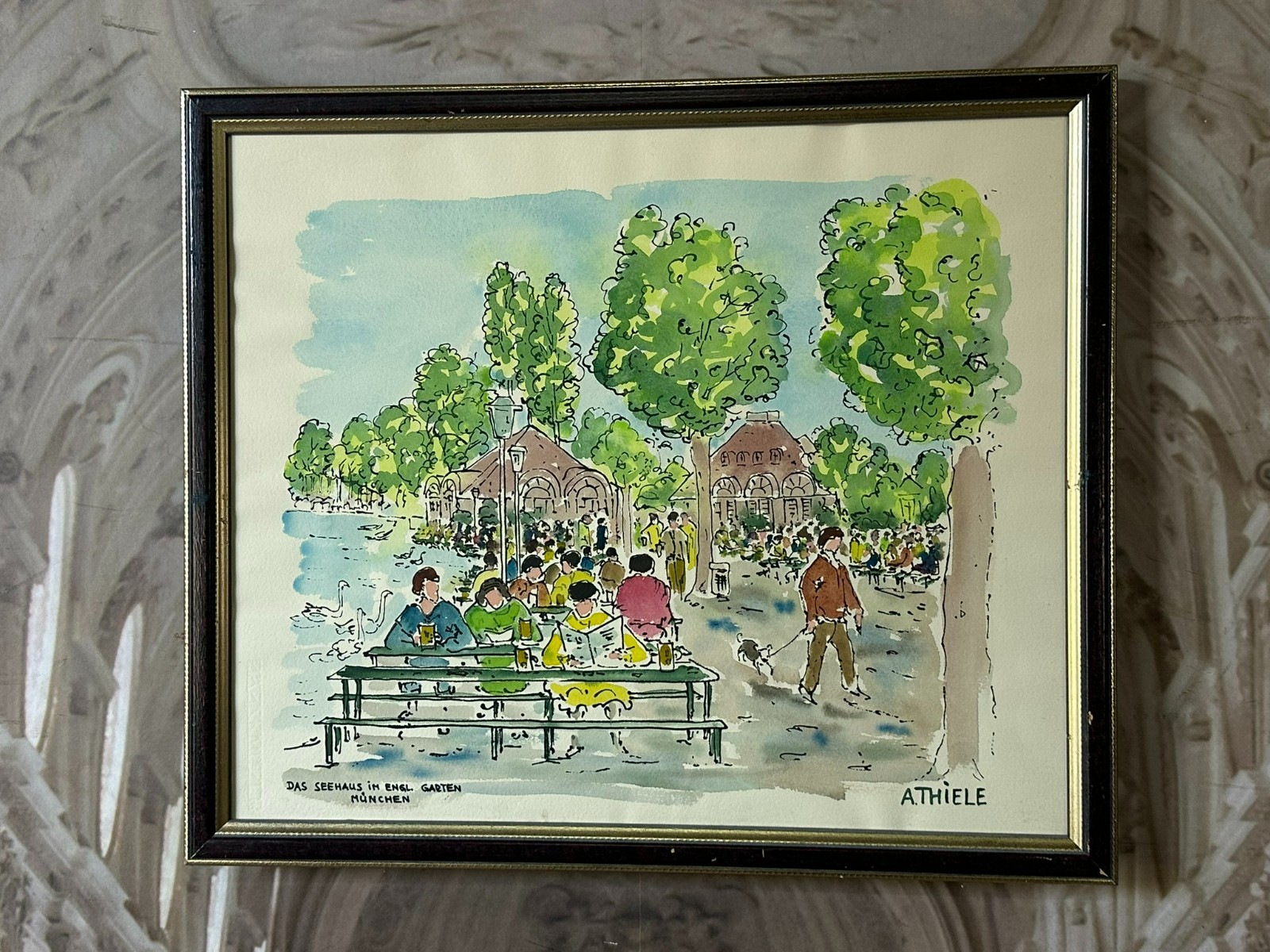 AQUARELL Alexander THIELE (1924) DAS SEEHAUS IM ENGLISCHEN GARTEN MÜNCHEN – Bild 3