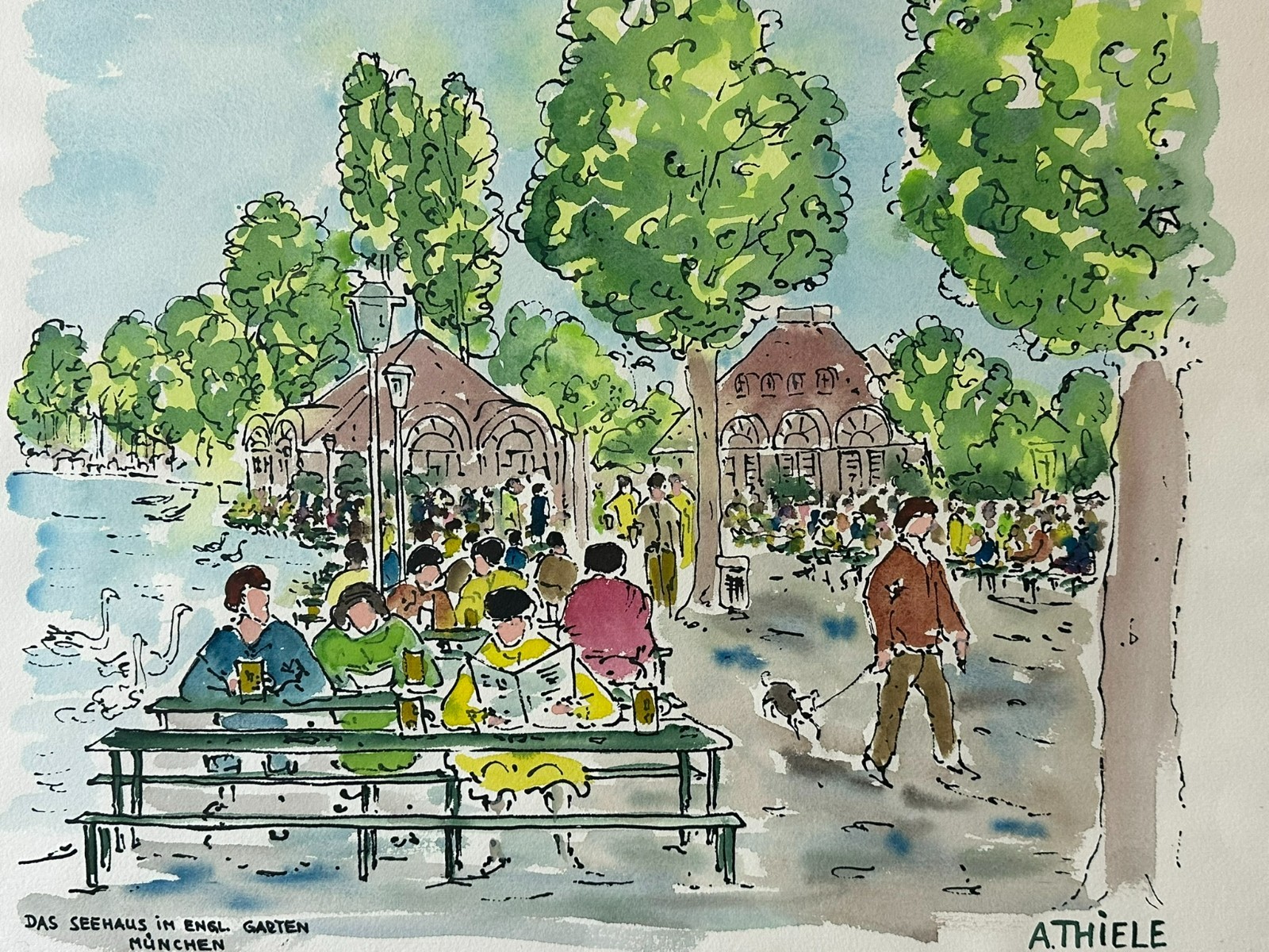 AQUARELL Alexander THIELE (1924) DAS SEEHAUS IM ENGLISCHEN GARTEN MÜNCHEN