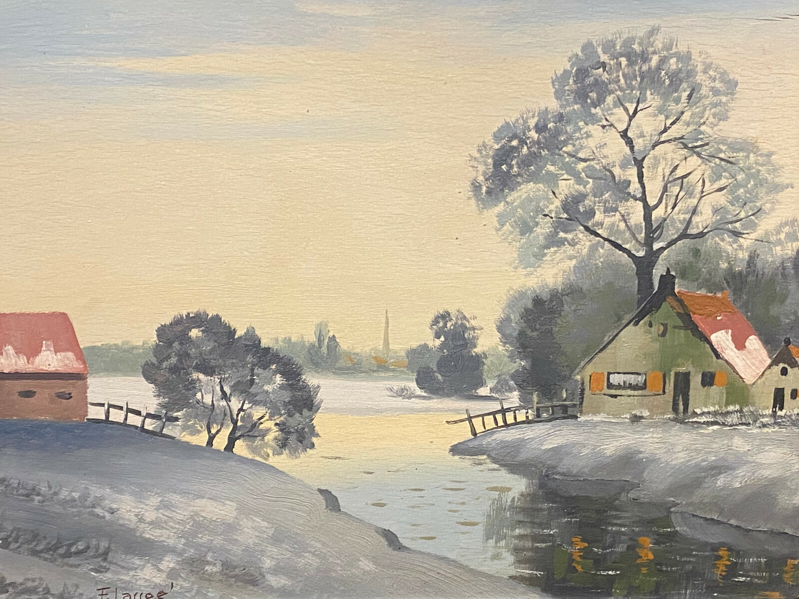 ÖL GEMÄLDE WINTERLANDSCHAFT MIT HÄUSERN AM FLUSS F. LASSEE ABMESSUNGEN 62x52cm – Bild 3