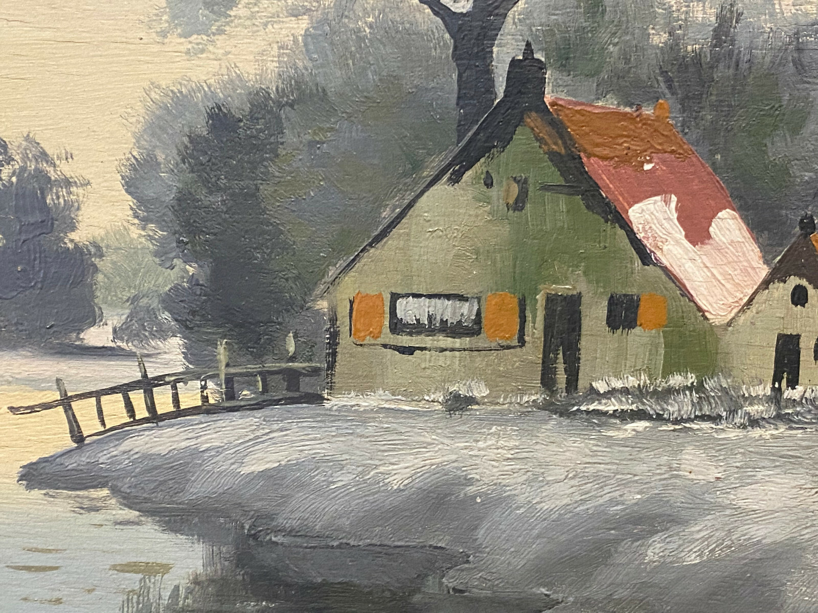ÖL GEMÄLDE WINTERLANDSCHAFT MIT HÄUSERN AM FLUSS F. LASSEE ABMESSUNGEN 62x52cm – Bild 5