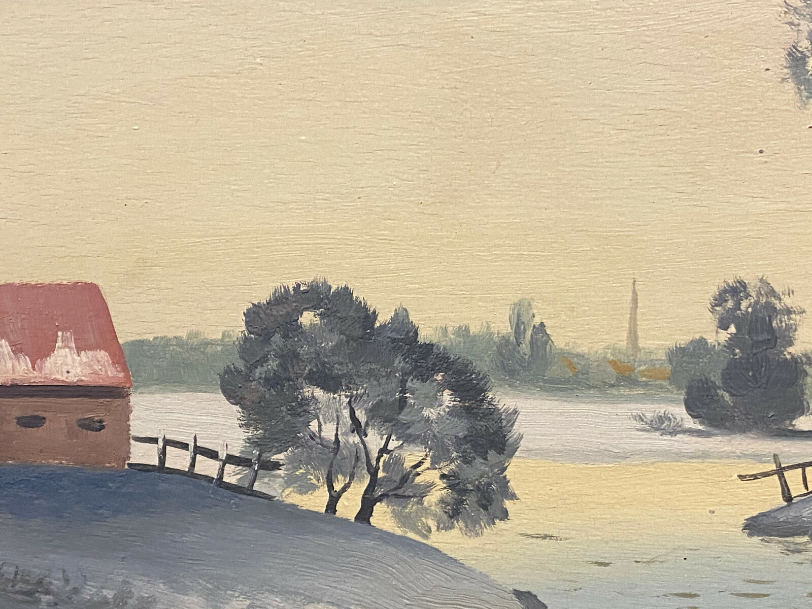 ÖL GEMÄLDE WINTERLANDSCHAFT MIT HÄUSERN AM FLUSS F. LASSEE ABMESSUNGEN 62x52cm – Bild 6