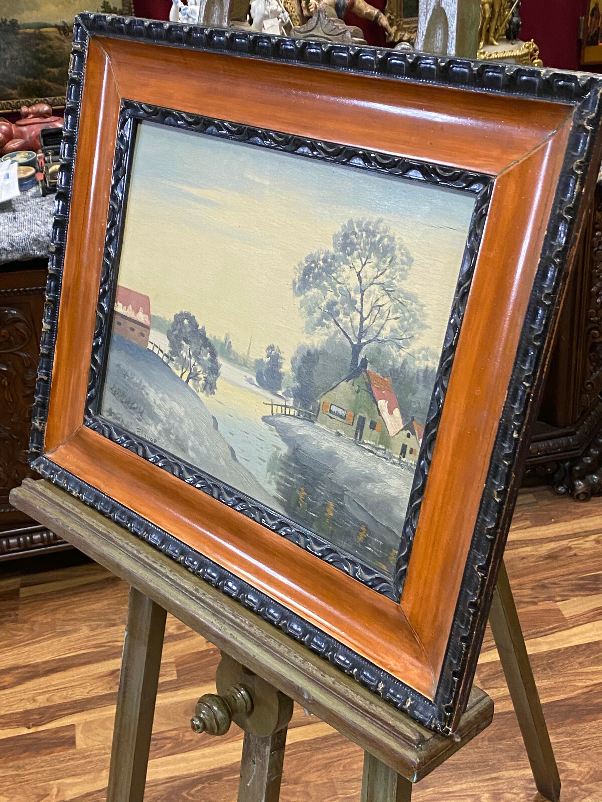 ÖL GEMÄLDE WINTERLANDSCHAFT MIT HÄUSERN AM FLUSS F. LASSEE ABMESSUNGEN 62x52cm – Bild 8